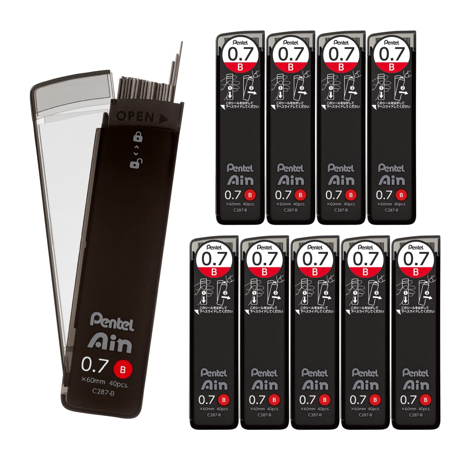 Pentel mechanical pencil lead, Pentel Ain 0.7mm B, 10 pieces, C287-B