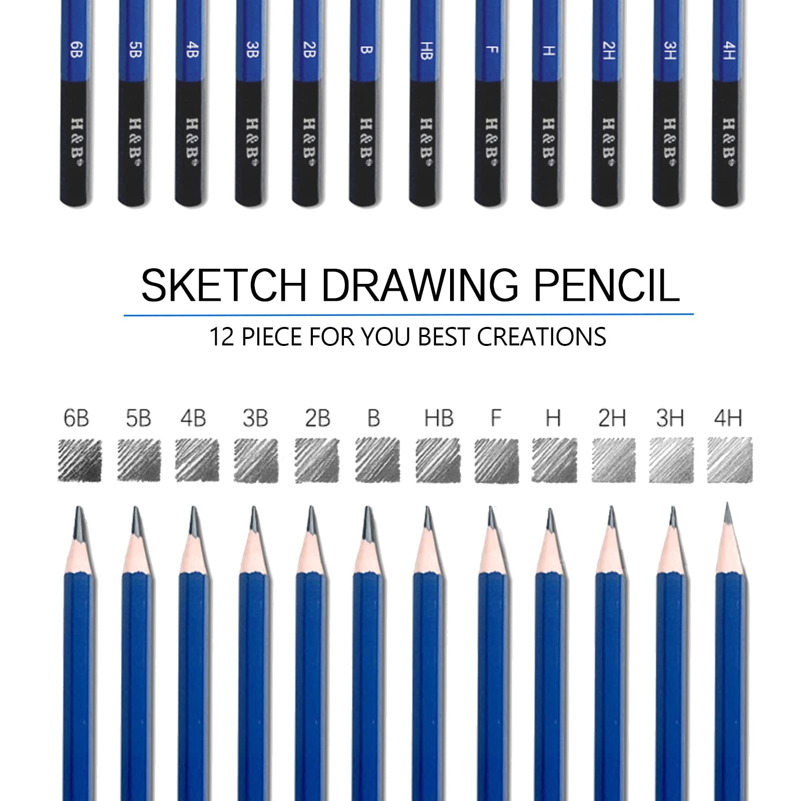 H & B 12 PCS Pencil Drawing Kit, H-4H, F, HB, 12 Count (Pack of 1), Graphite