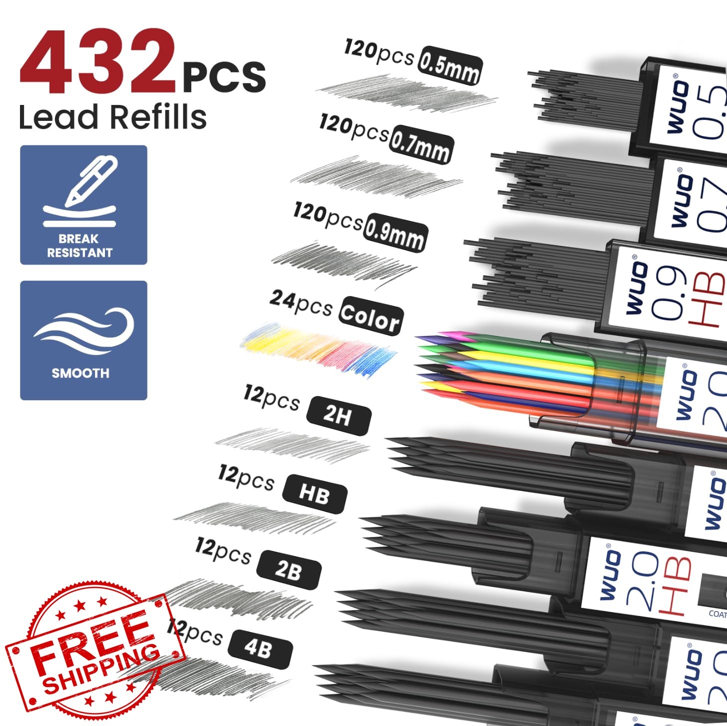 WUO Metal Mechanical Pencil Set, 5-Pack 0.5mm 0.7mm 0.9mm 2.0mm Drafting Penc…