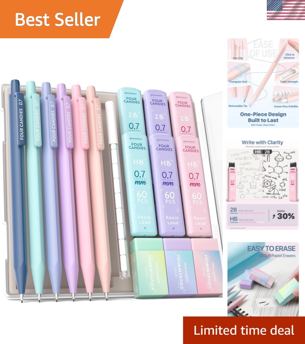 6PCS Cute Mechanical Pencil Set with 372 Leads & Erasers, 0.7mm Medium Point,…
