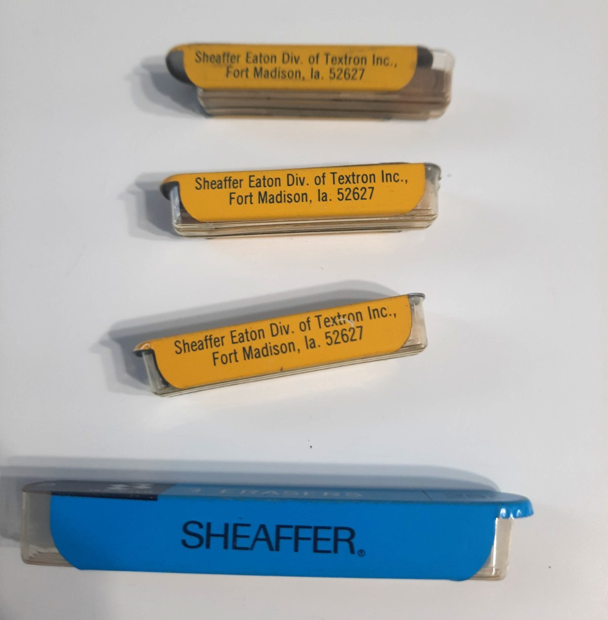 Lot of 4 Vintage Mix Sheaffer Blue and White Erasers in Tins