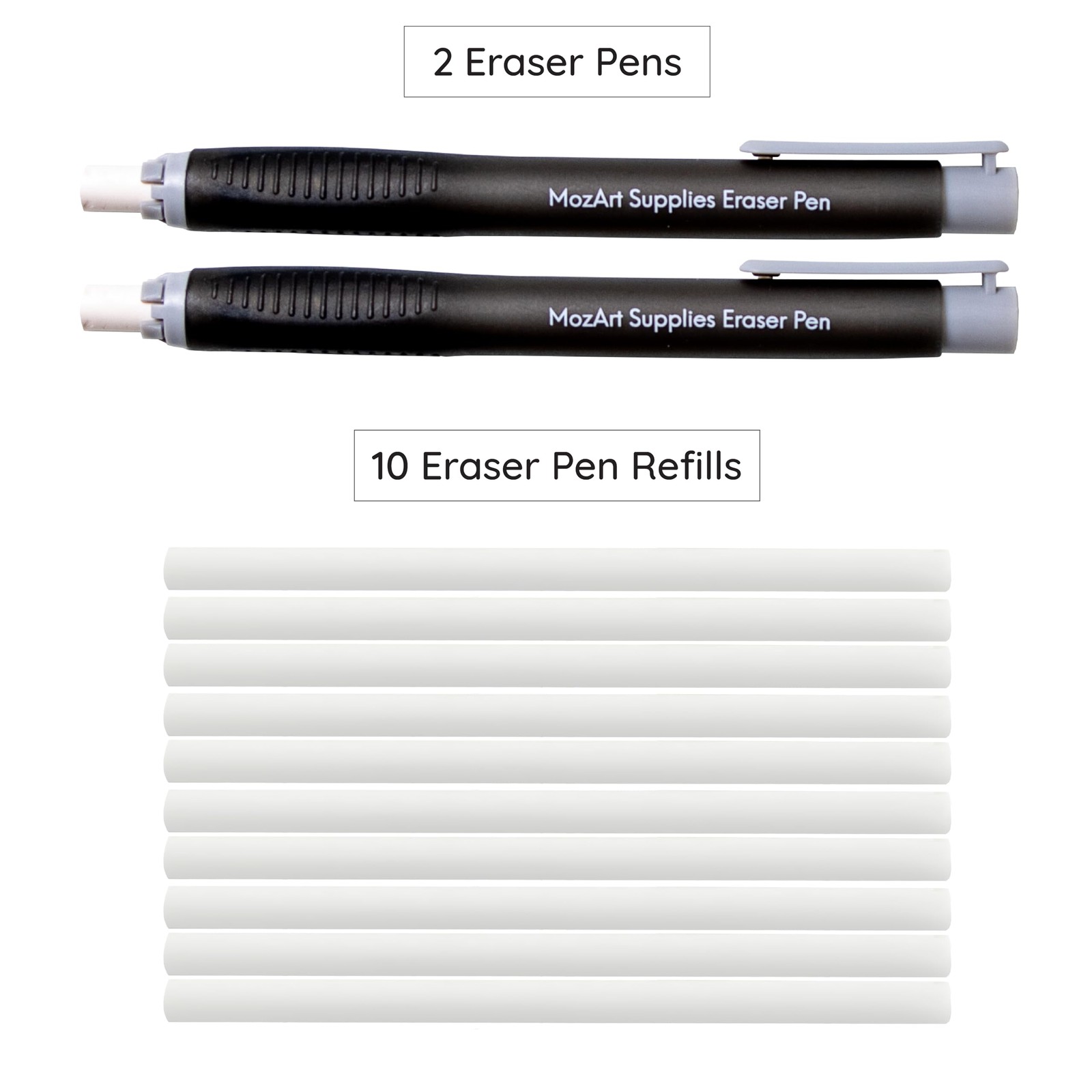 MozArt Eraser Pen Set 2 Pens + 10 Jumbo Refills for Mechanical Pencil