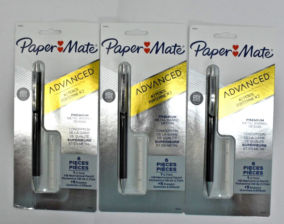 3 Pack Paper Mate Advanced #2 Metal Mechanical Pencil with Erasers 0.7mm Black