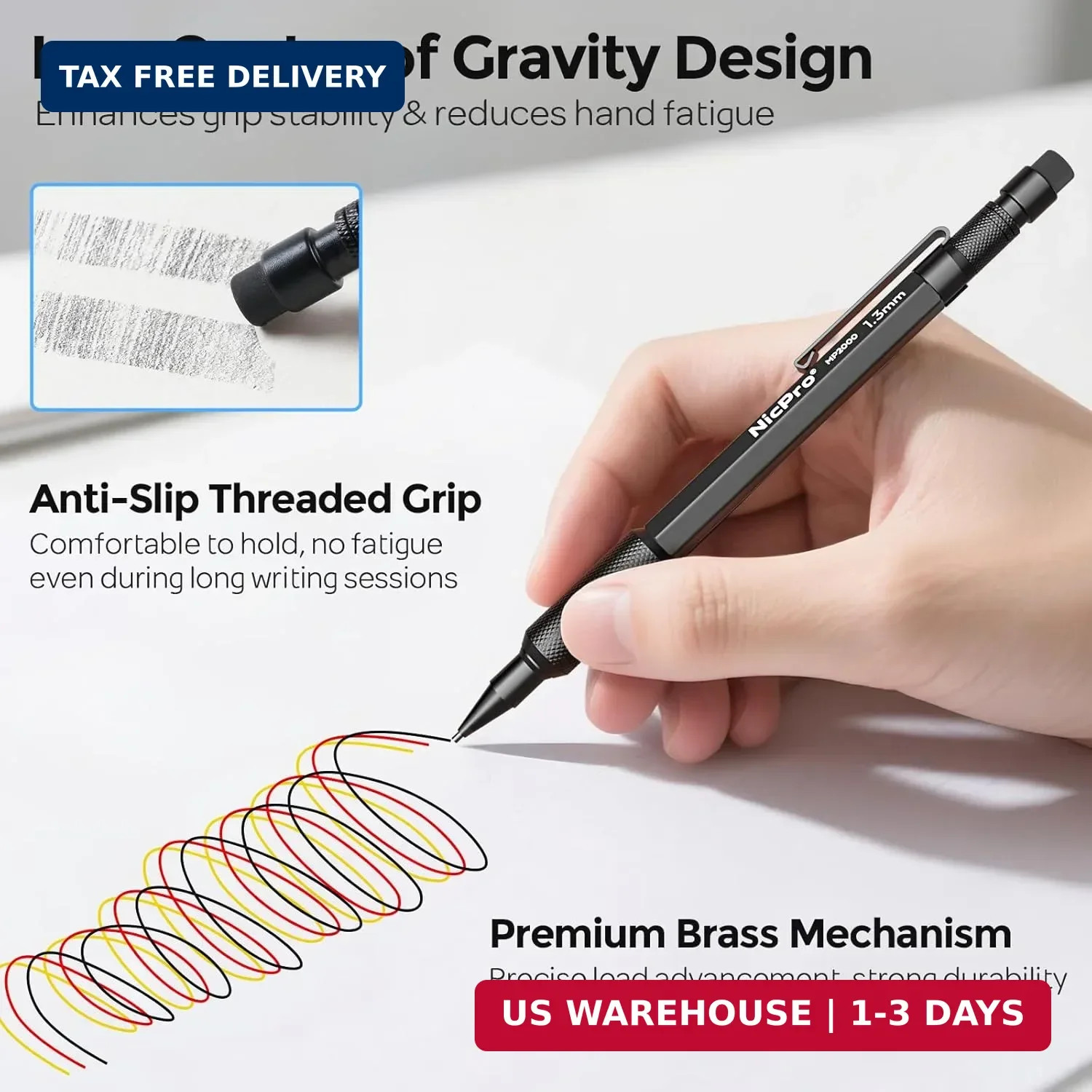 Nicpro 3 PCS 1.3 mm Blacke Mechanical Pencils Set with 48 Lead Refill, 3 Eraser