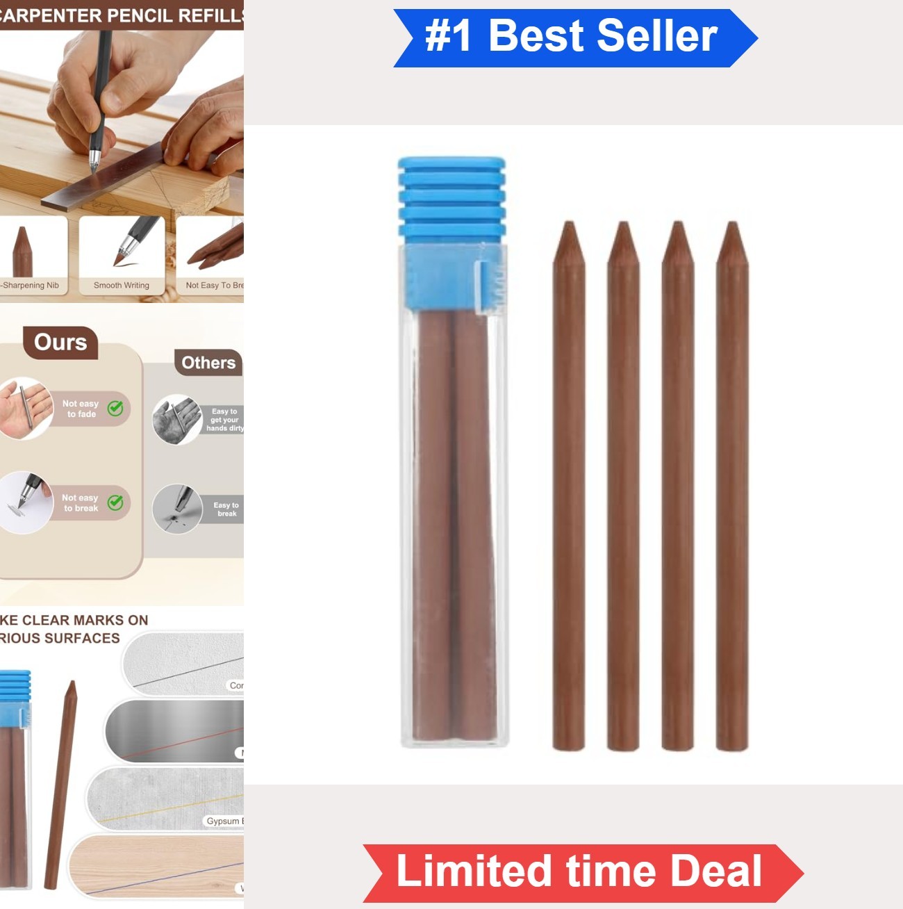 Carpenter Pencil Lead Refills 8 Pack 5.6mm 2B Graphite Break Resistant for Wood