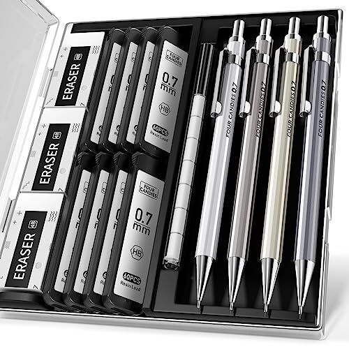 0.7mm Mechanical Pencil Set with Case – 4PCS Metal Mechanical Pencils, 8 0.7MM
