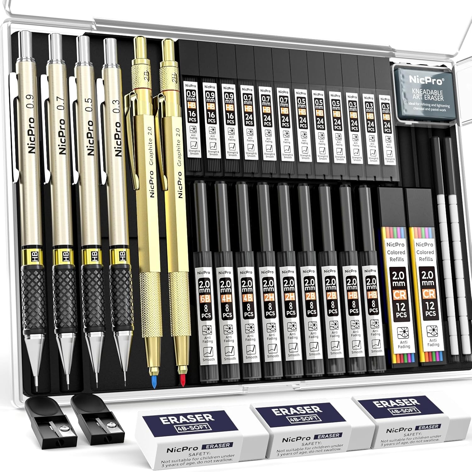 Gold Art Mechanical Pencil Set 37PCS 0.3/0.5/0.7/0.9/2.0mm Gold Pencils