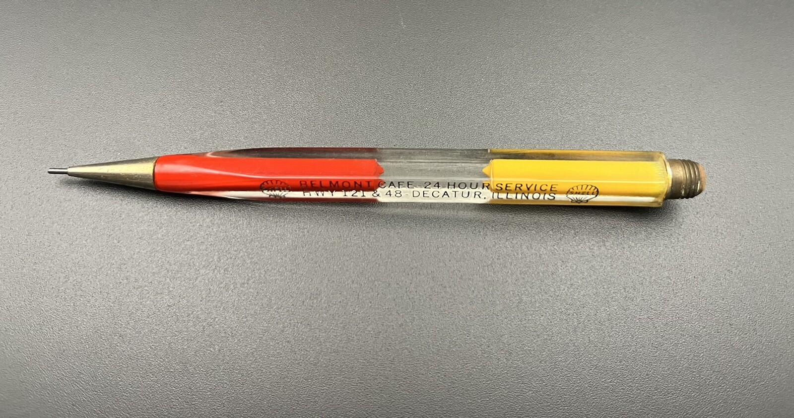 Vintage HA-WI-AN lucite mechanical pencil. Shell Oil Belmont Cafe Decatur IL