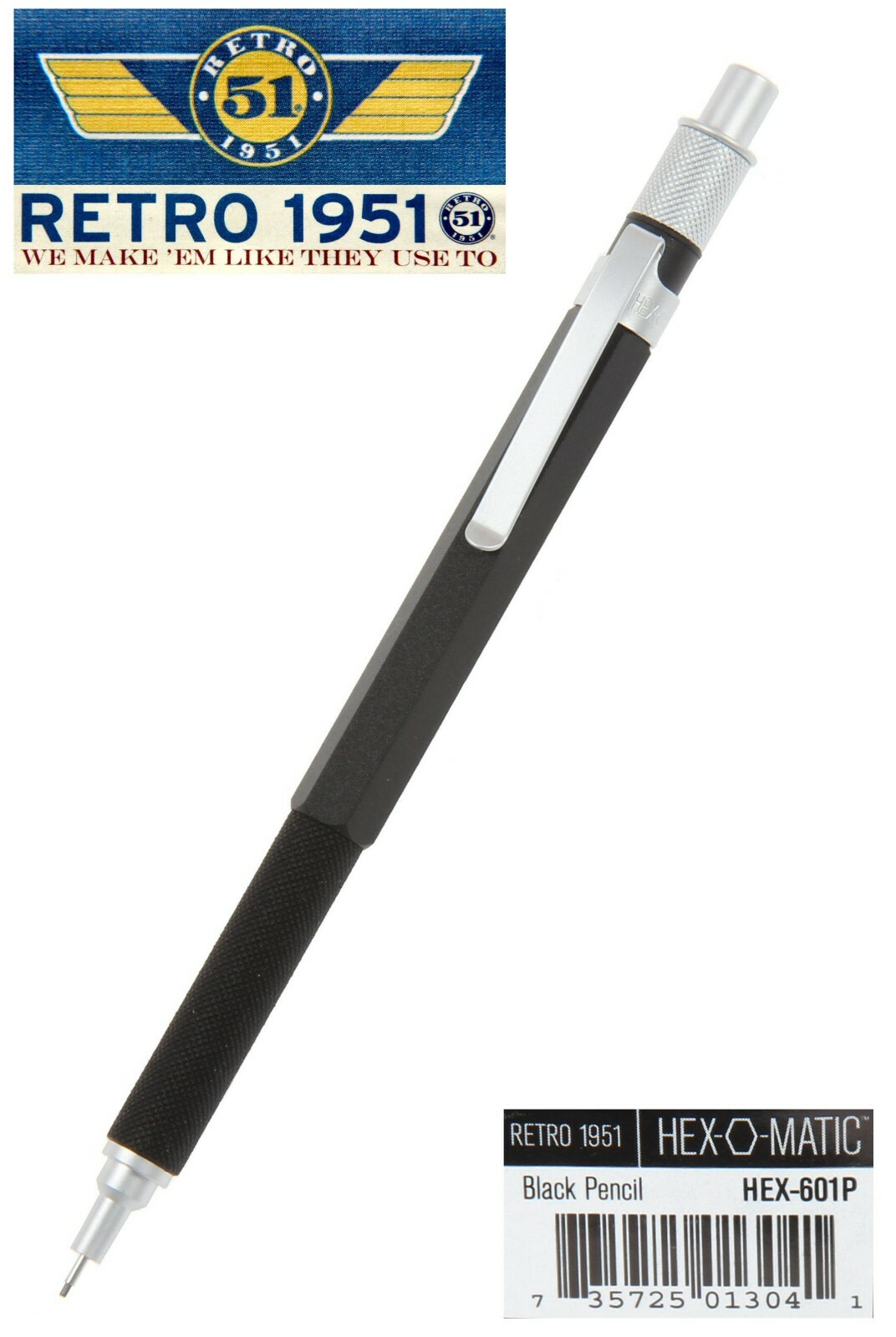 Retro 51 / Hex-o-matic Series Black 7mm Lead Pencil #HEX-601P