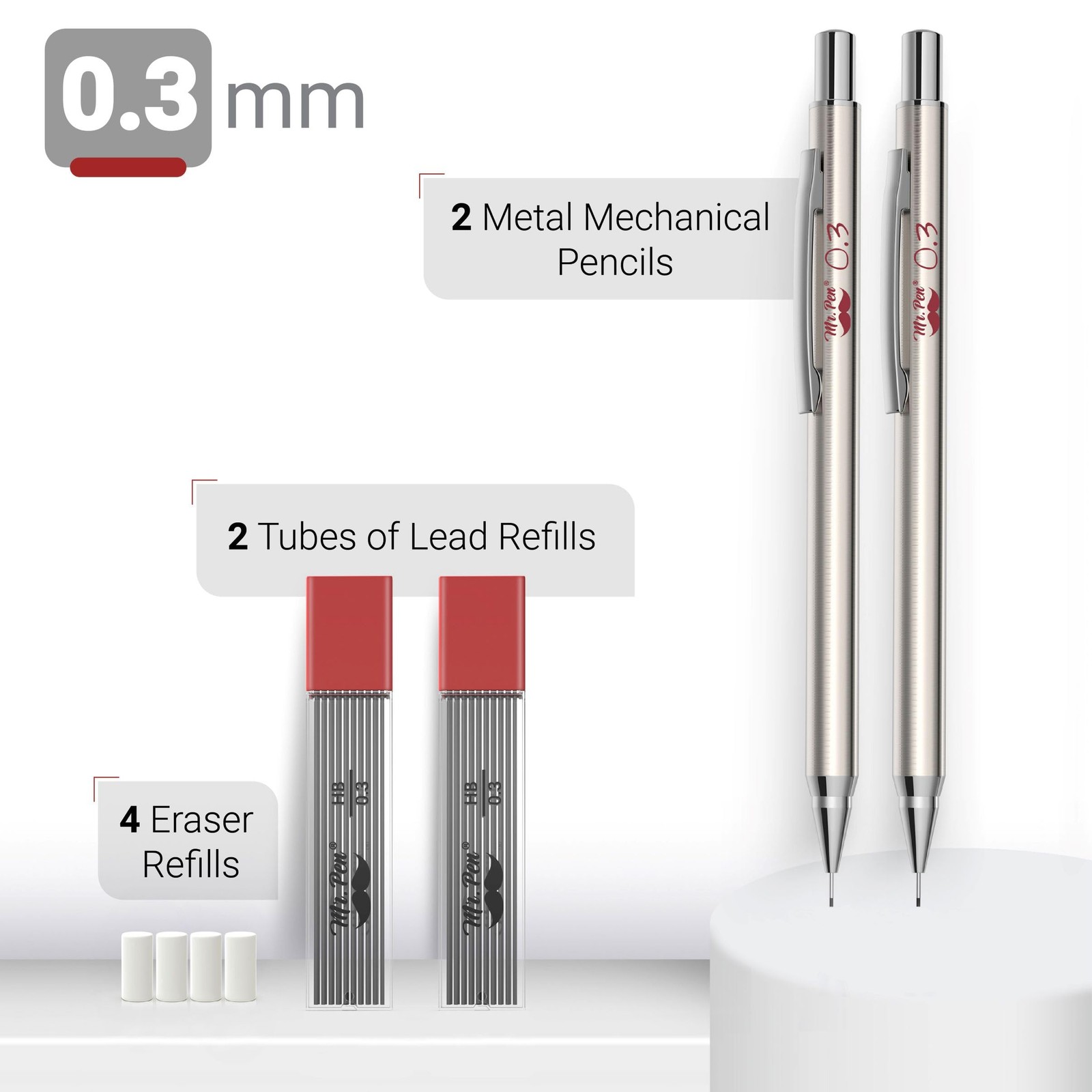 Mr. Pen- Metal Mechanical Pencil Set with Lead Refills & Erasers, 2 Pack, 0.3mm,