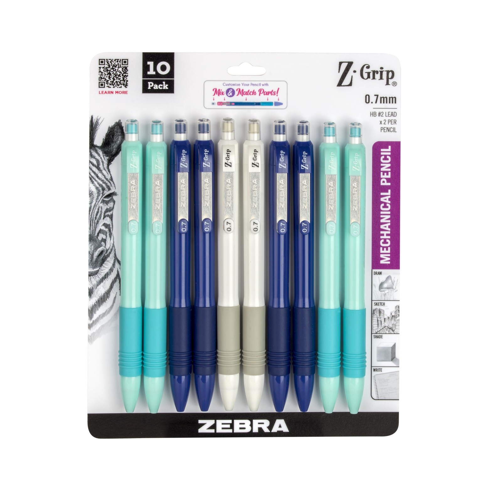 Zebra Pen, Z-Grip Mechanical 1 Count (Pack of 10), Assorted Blue Brights A