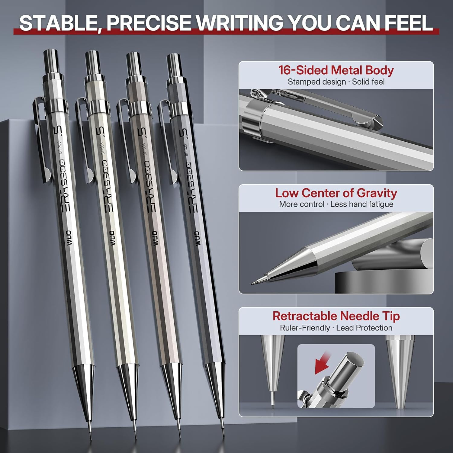0.5Mm Mechanical Pencil Set with Eraser Pen, 4PCS Metal Mechanical Pencils, 480