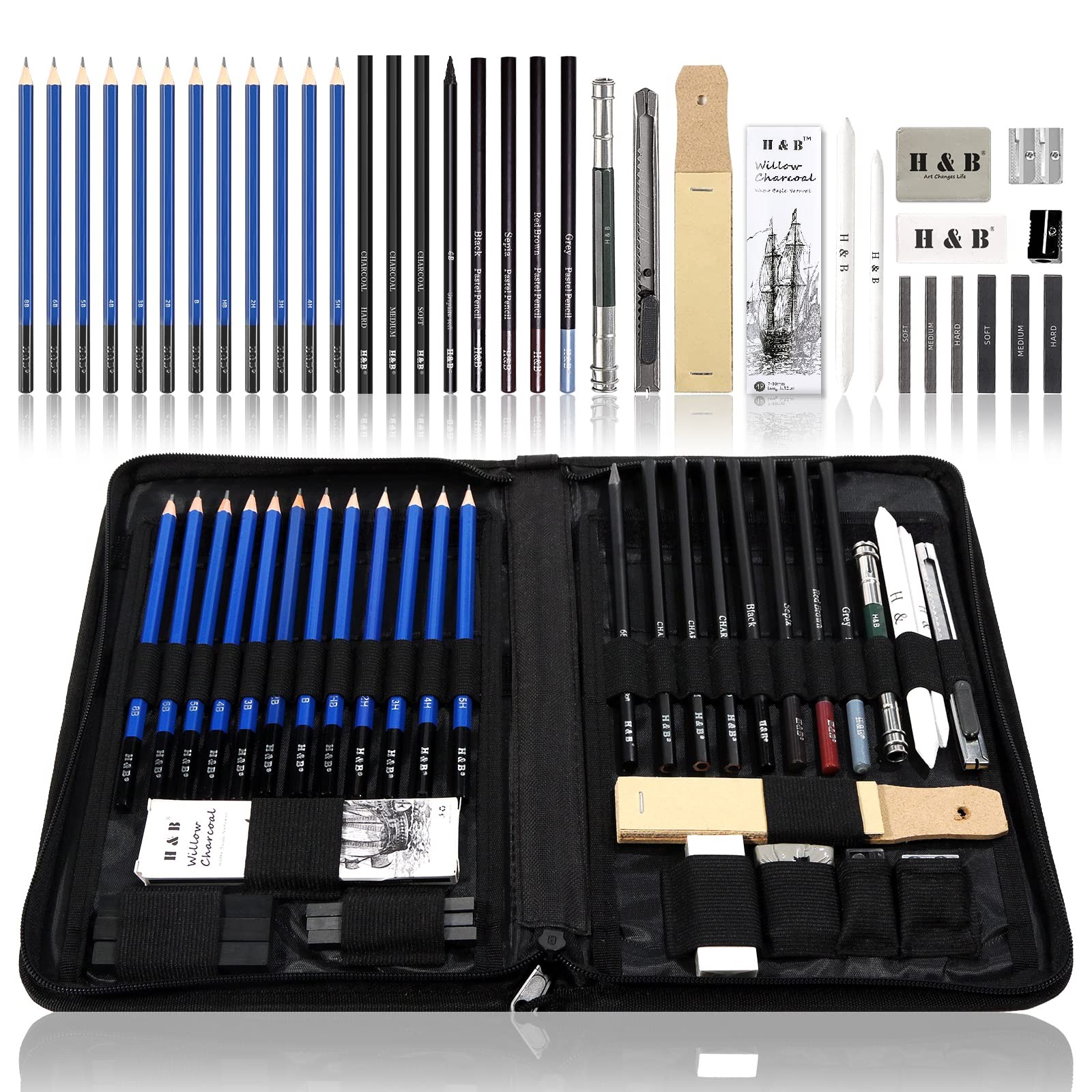 H & B 40 Piece Professional Sketch Pencil Drawing 40 Set, Grey