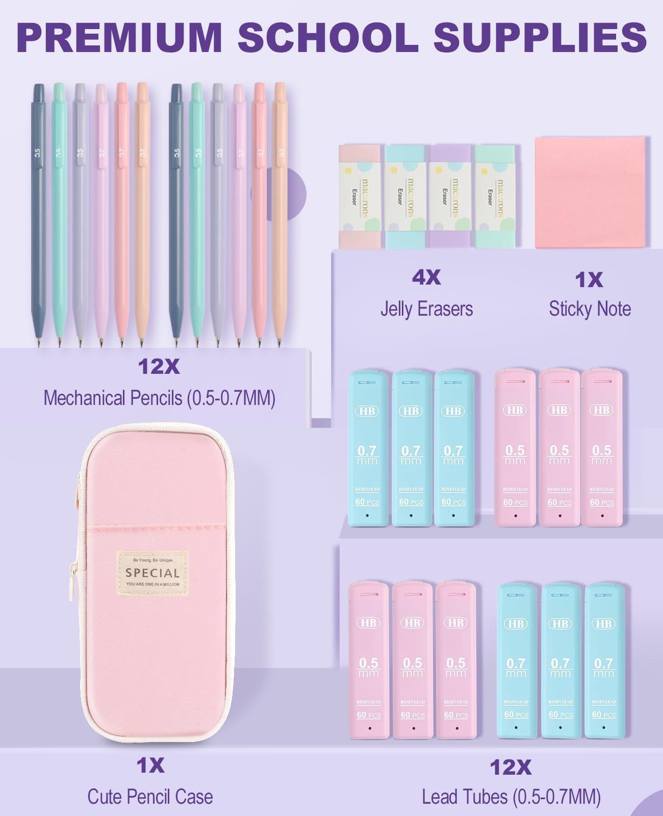 Aesthetic School Supplies Pink Mechanical Pencils HB Leads Erasers 12 PCS