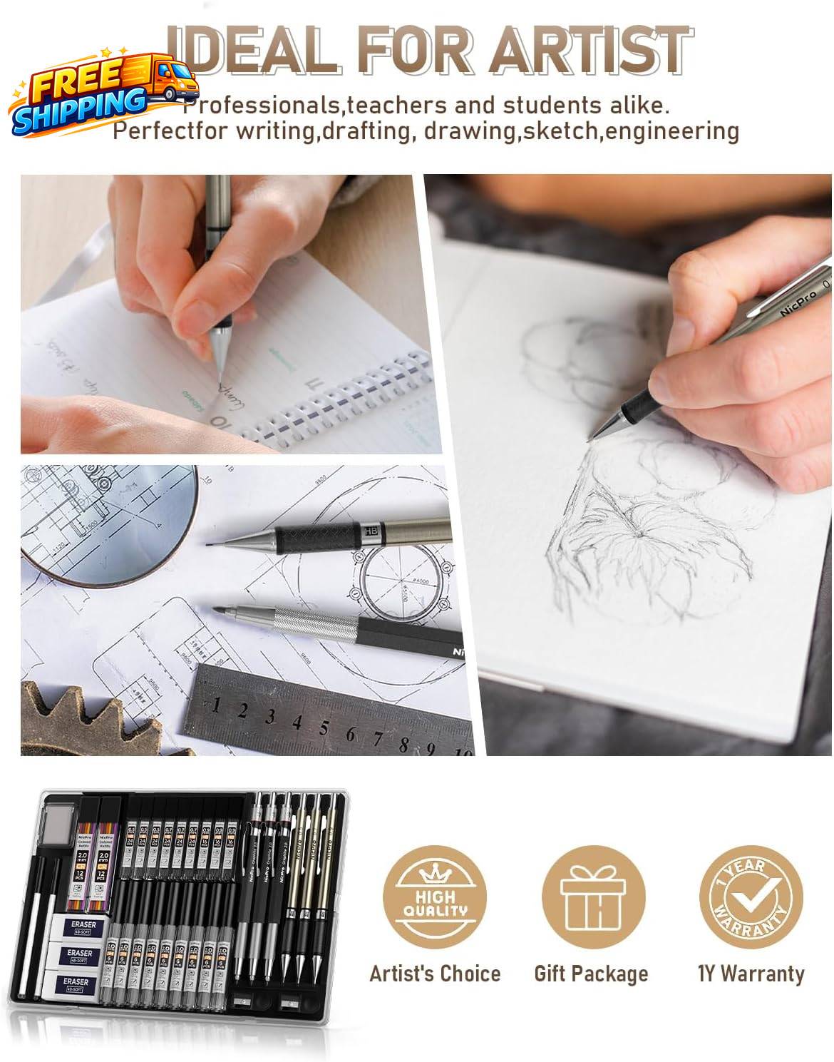 35PCS Art Mechanical Pencil Set 3 PCS Metal Drafting Pencil 0.5 Mm & 0.7 Mm