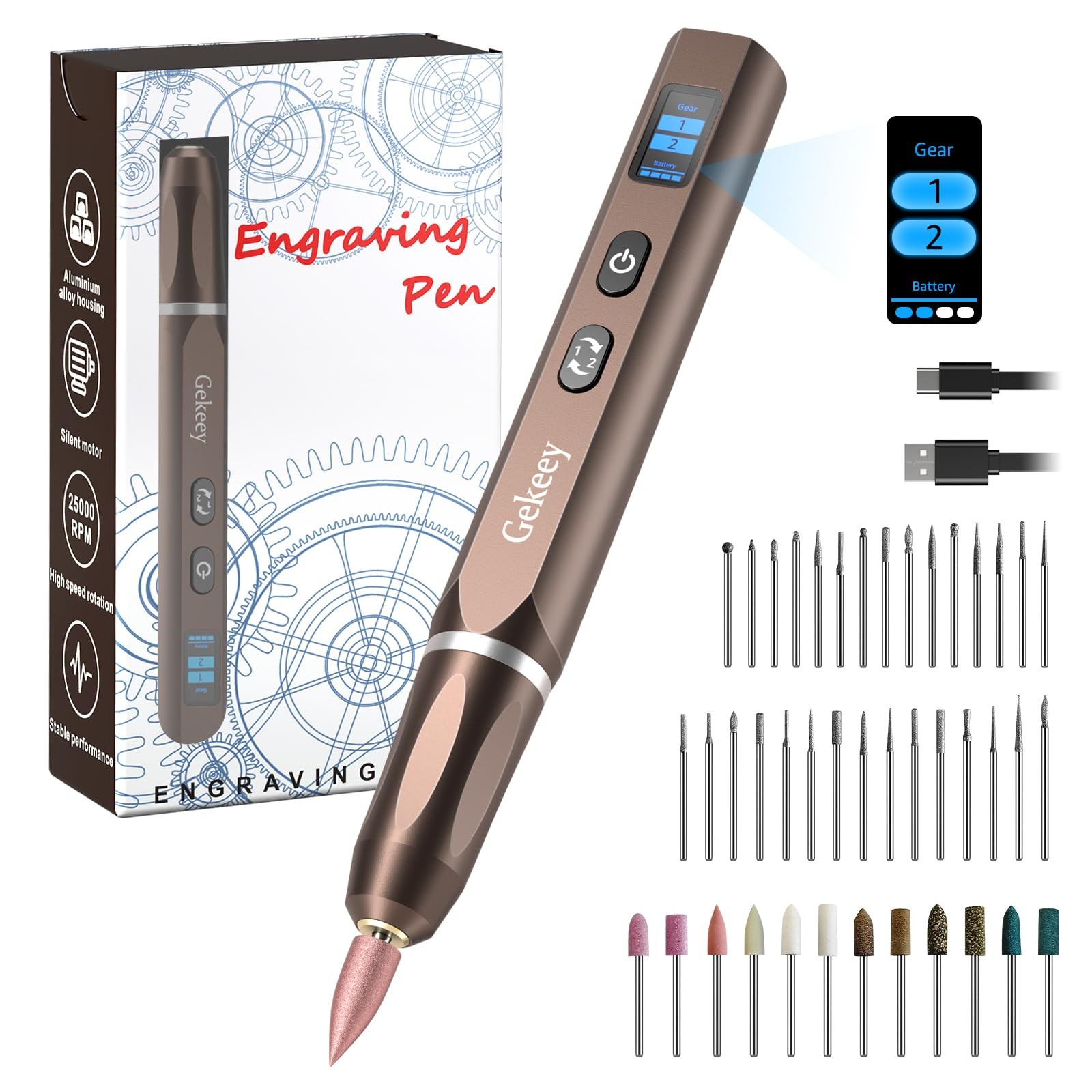 Gekeey Electric Engraving Pen, Cordless Rechargeable Mini Rotary Tool Brown