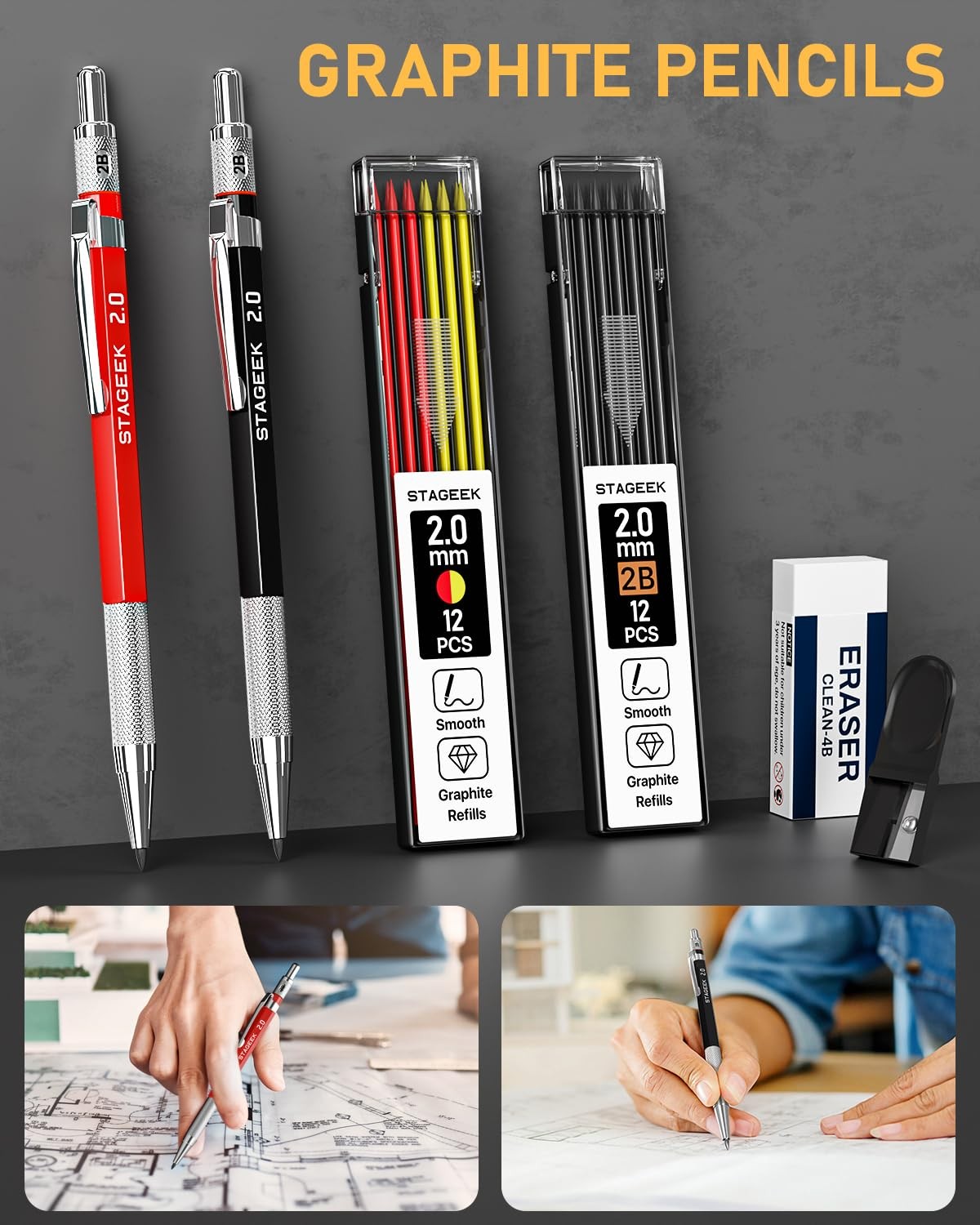 17 Pack Mechanical Carpenter Pencil Set with Sharpener 40 Red+Black(17pcs)