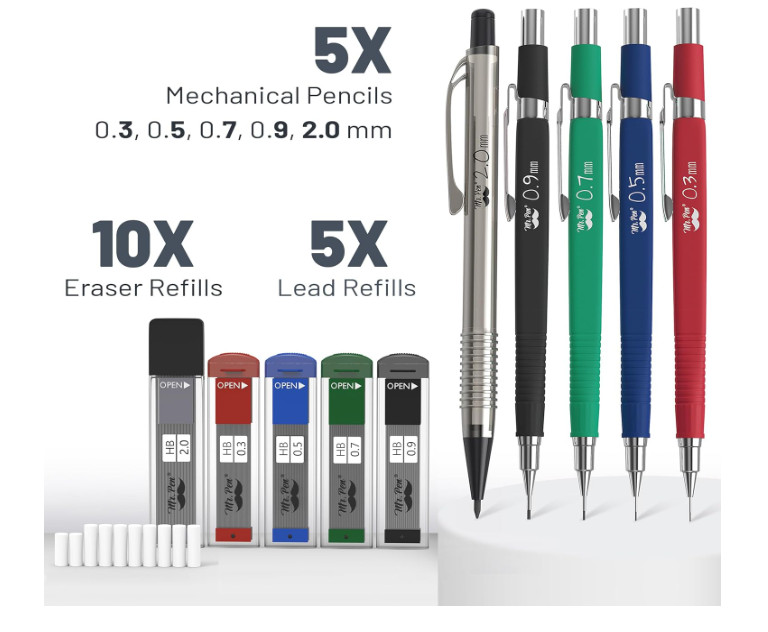 Mr. Pen Mechanical Pencil Set with Lead and Eraser Refills, 5 Sizes……..
