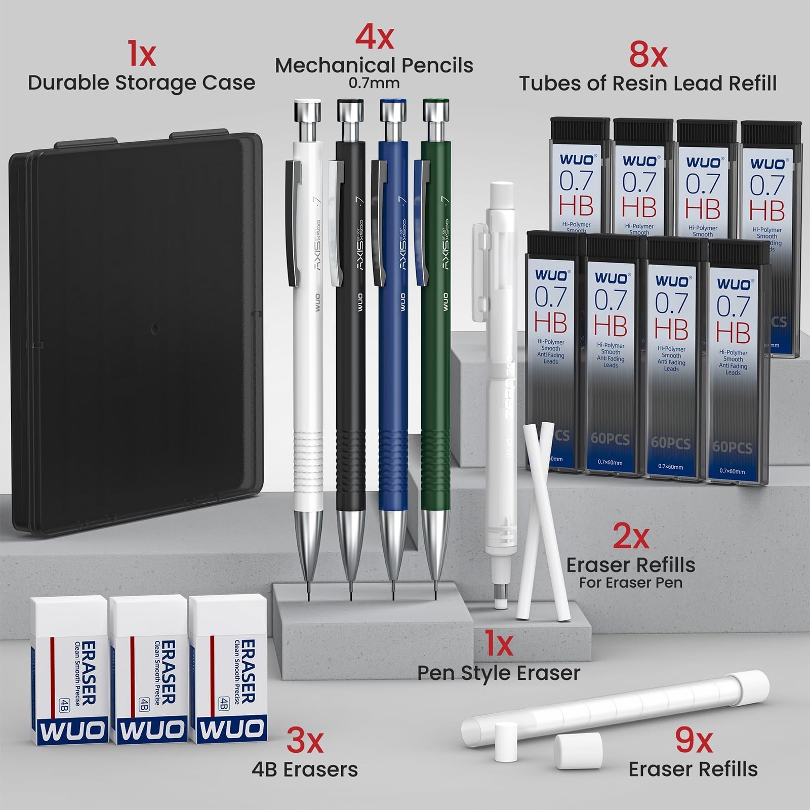 0.7mm Mechanical Pencil Set – 4 Metal Pencils, 480 HB Lead Refills, Erasers for