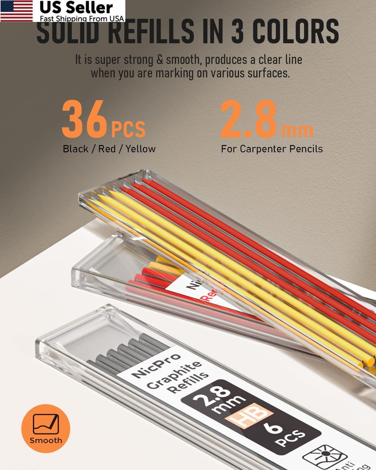 Nicpro 3 Pack Carpenter Pencil with Sharpener, 3 Pack, Black,Red,Yellow