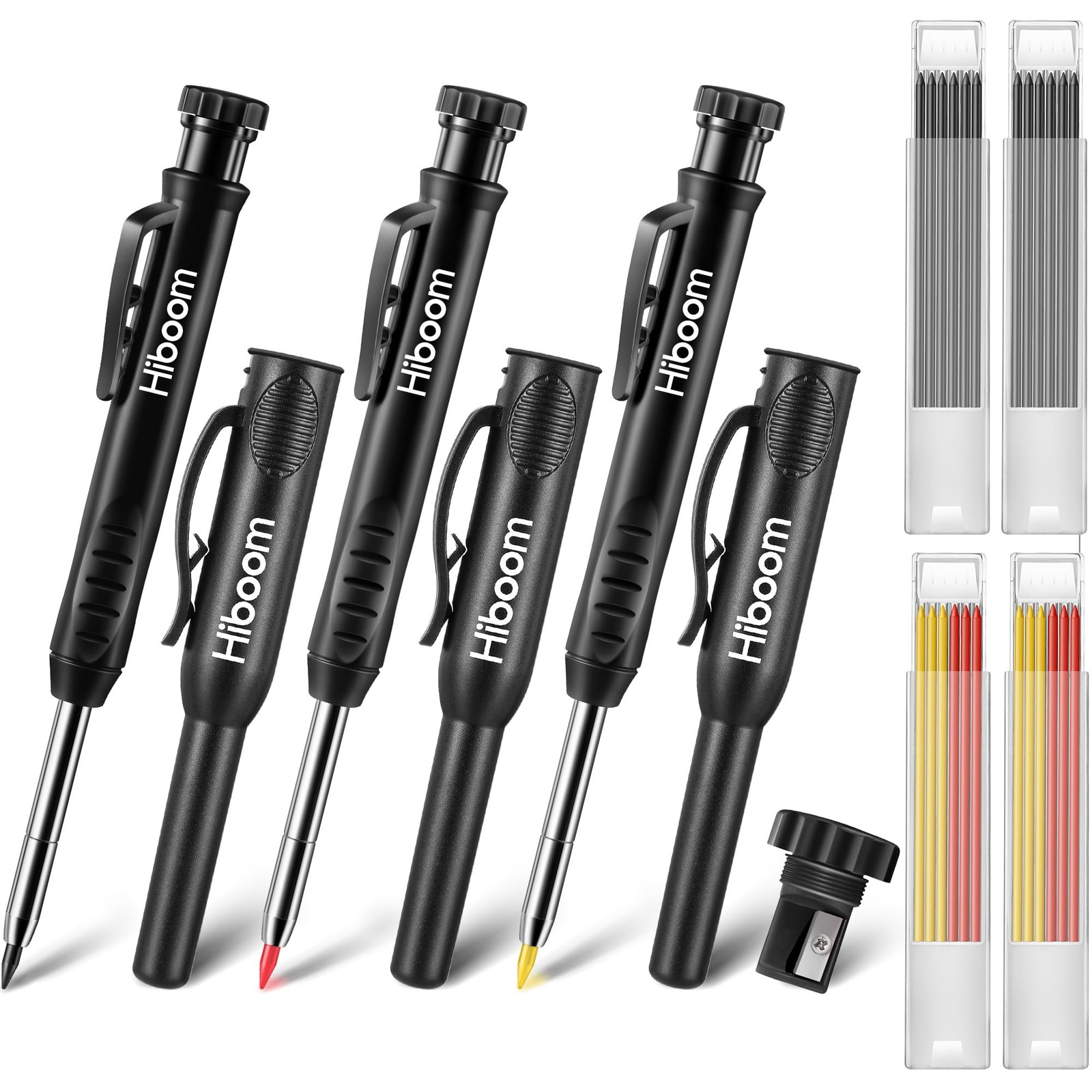 Hiboom 3 Pack Carpenter Pencil with 24 Refills (Red, Black, Yellow), Black