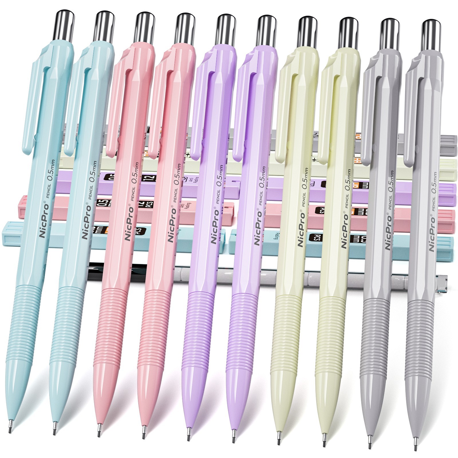 Nicpro 10PS 0.5mm Pastel Drafting Pencils + Case, 10 HB Refills, 12 Erasers