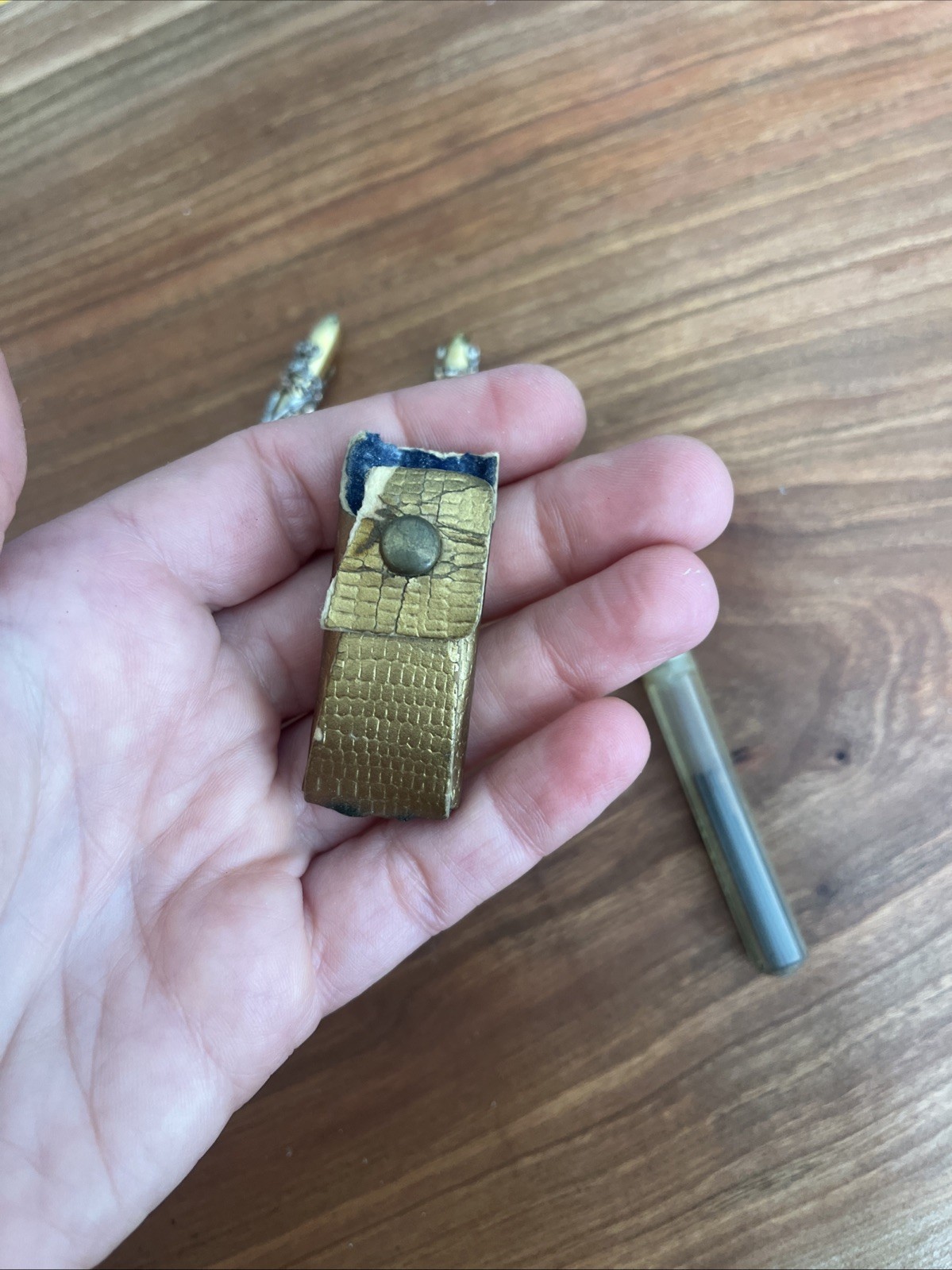 Vintage Ornate Gold Tone Mini Mechanical Pencil & Pen Set w/Gem Accents 1960s
