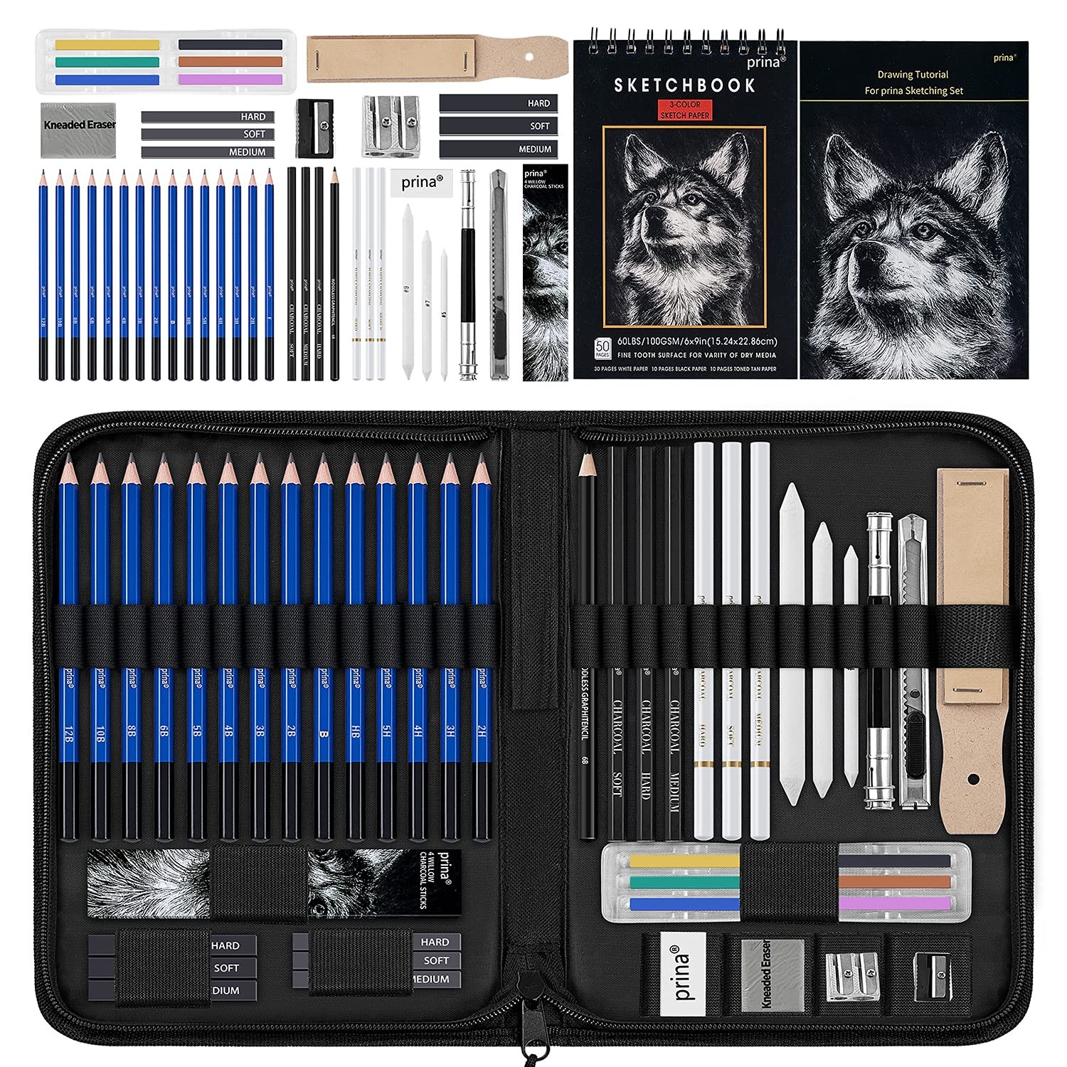 Prina 50 Pack Drawing Set Sketch Kit, Sketching Supplies with Multicolor