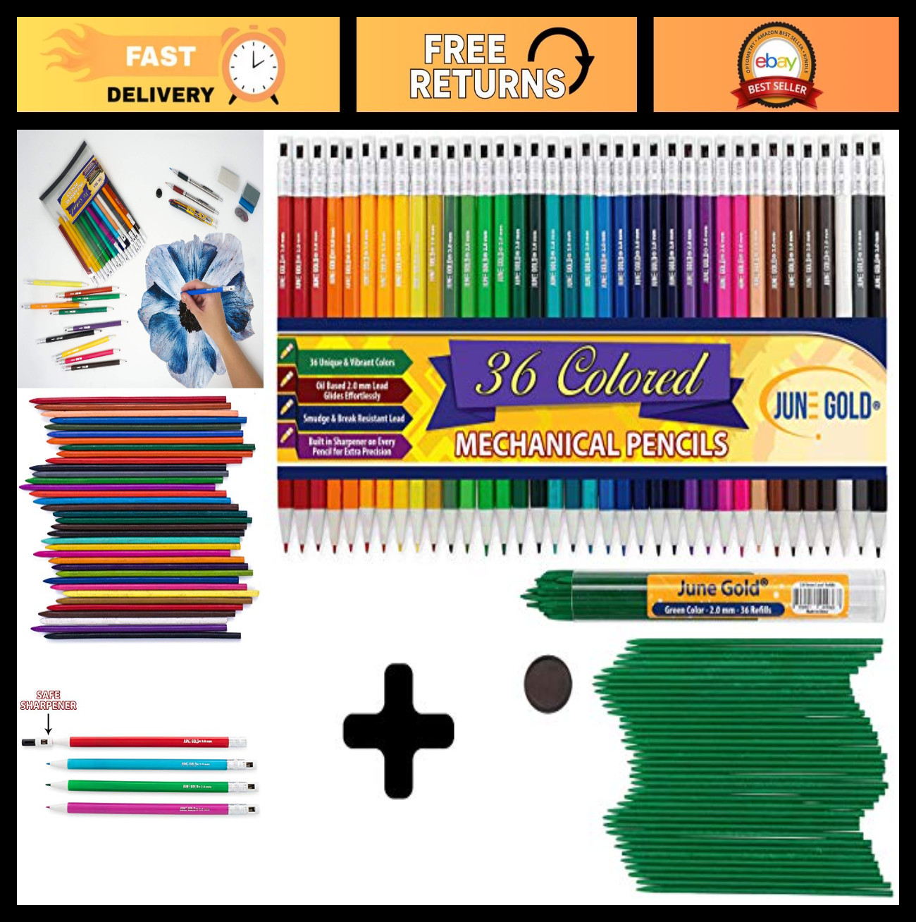 36 Green Lead Refills & 36 Assorted 2.0mm Mechanical Pencils – 36 Unique Colors