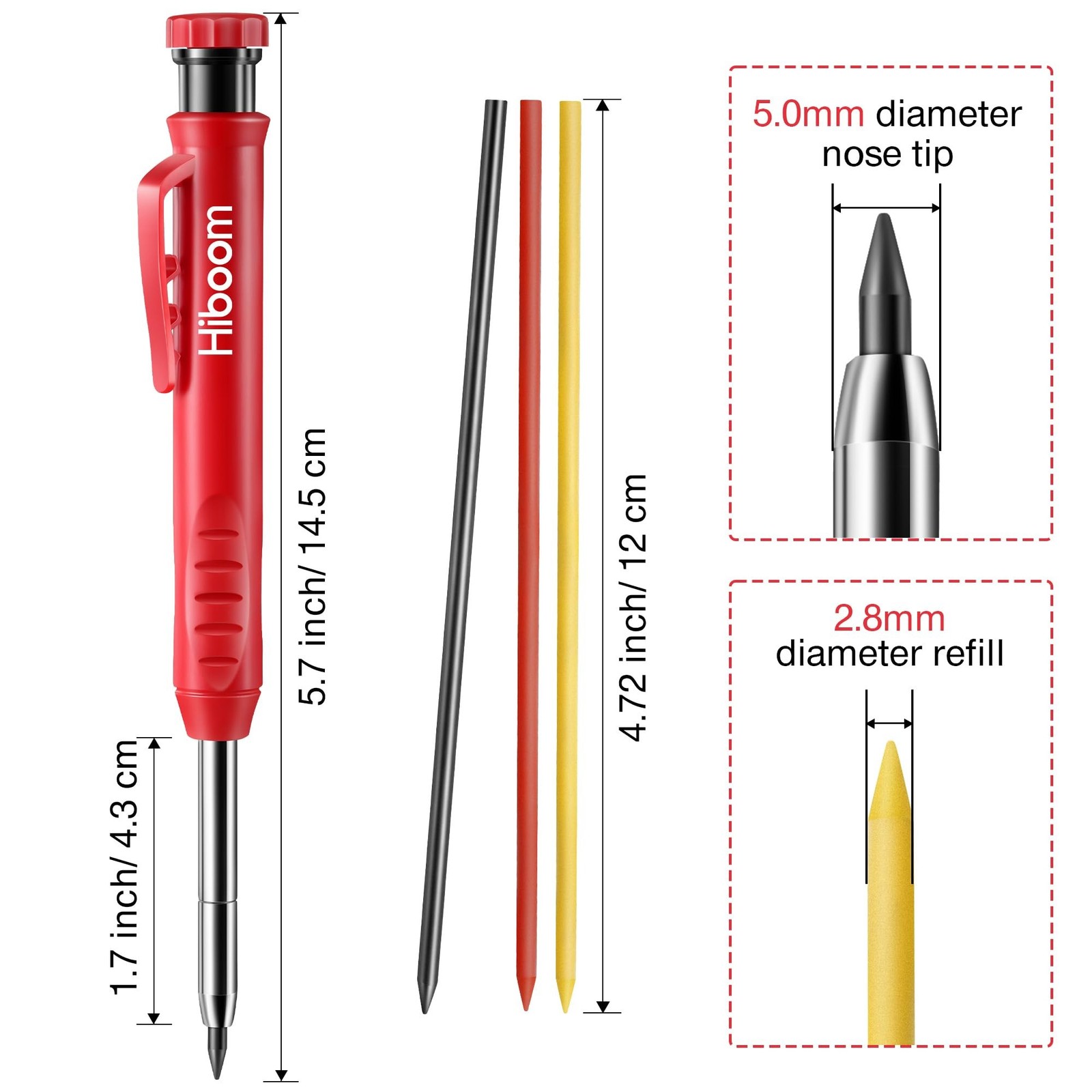 Hiboom 2 Pack Solid Carpenter Pencil with 14 Refill Long Nosed Deep Hole