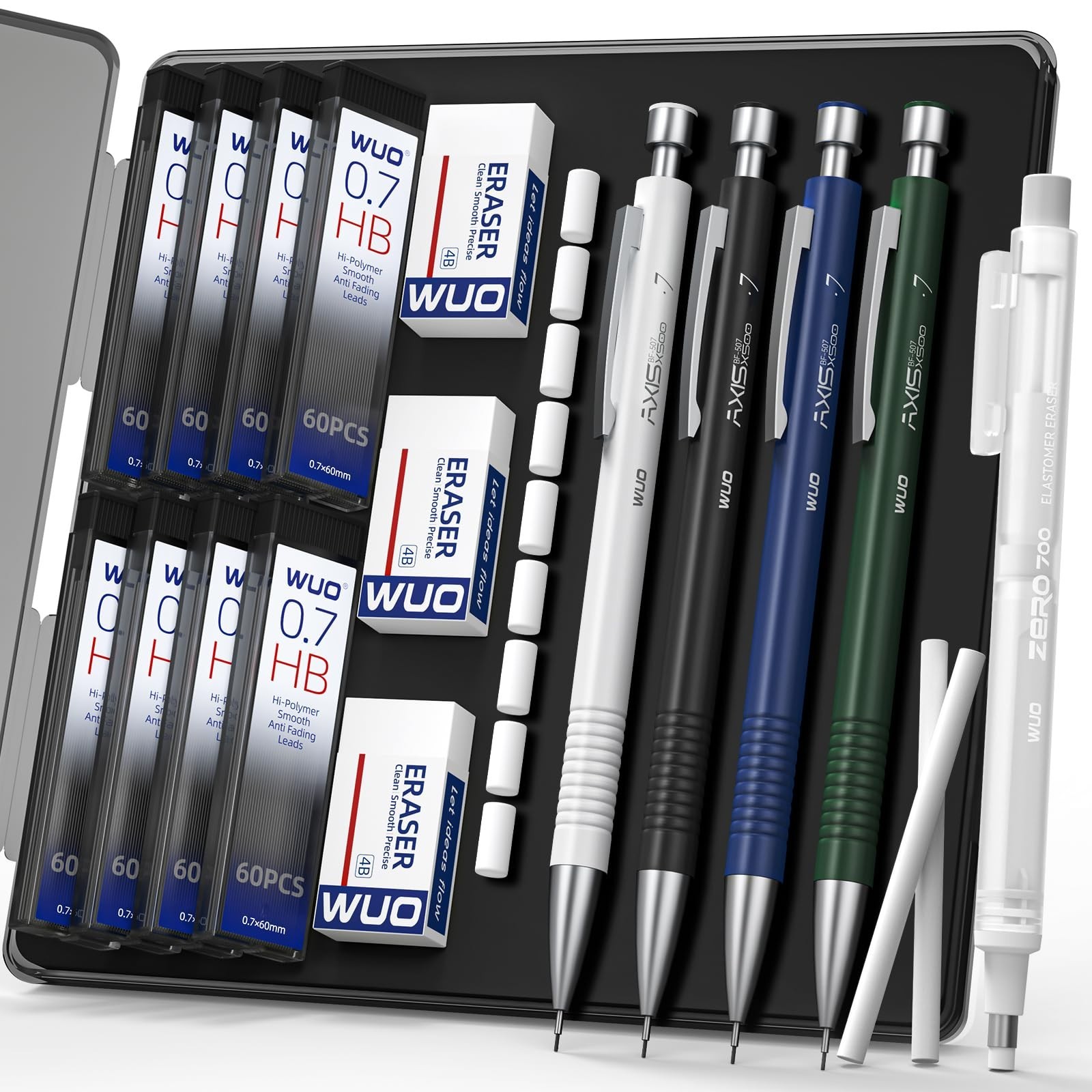 0.7mm Mechanical Pencil Set – 4 Metal Pencils, 480 HB Lead Refills, Erasers for