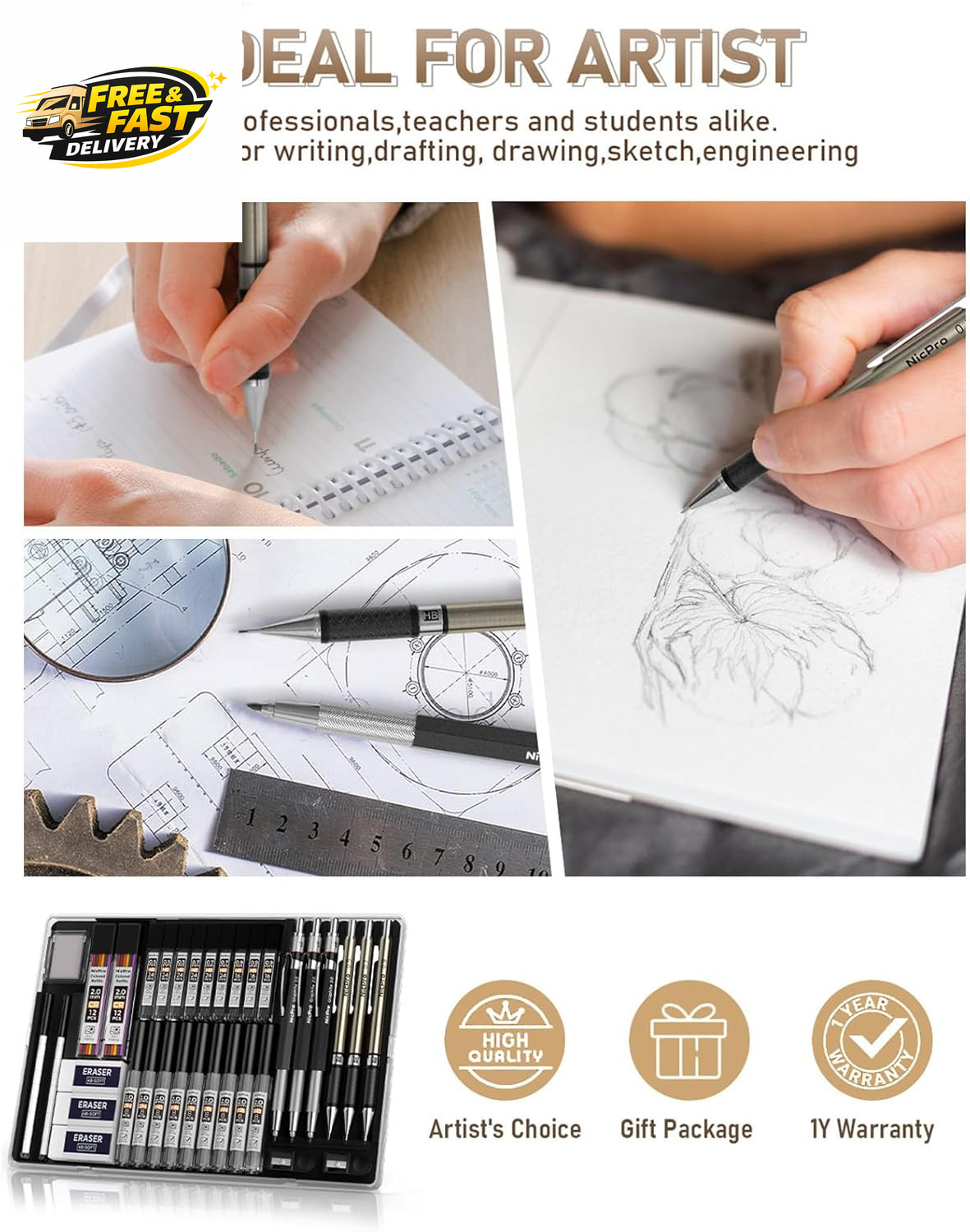 35PCS Art Mechanical Pencil Set, 3 PCS Metal Drafting Pencil 0.5 Mm & 0.7 Mm & 0