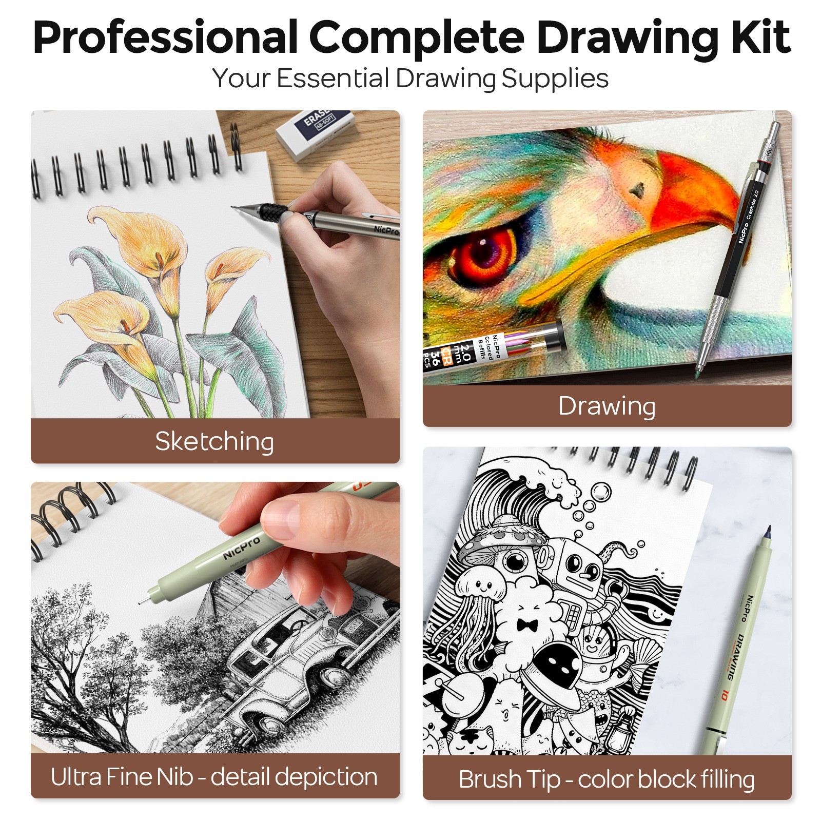 Nicpro 58PCS Art Drawing Supplies in Leather Case
