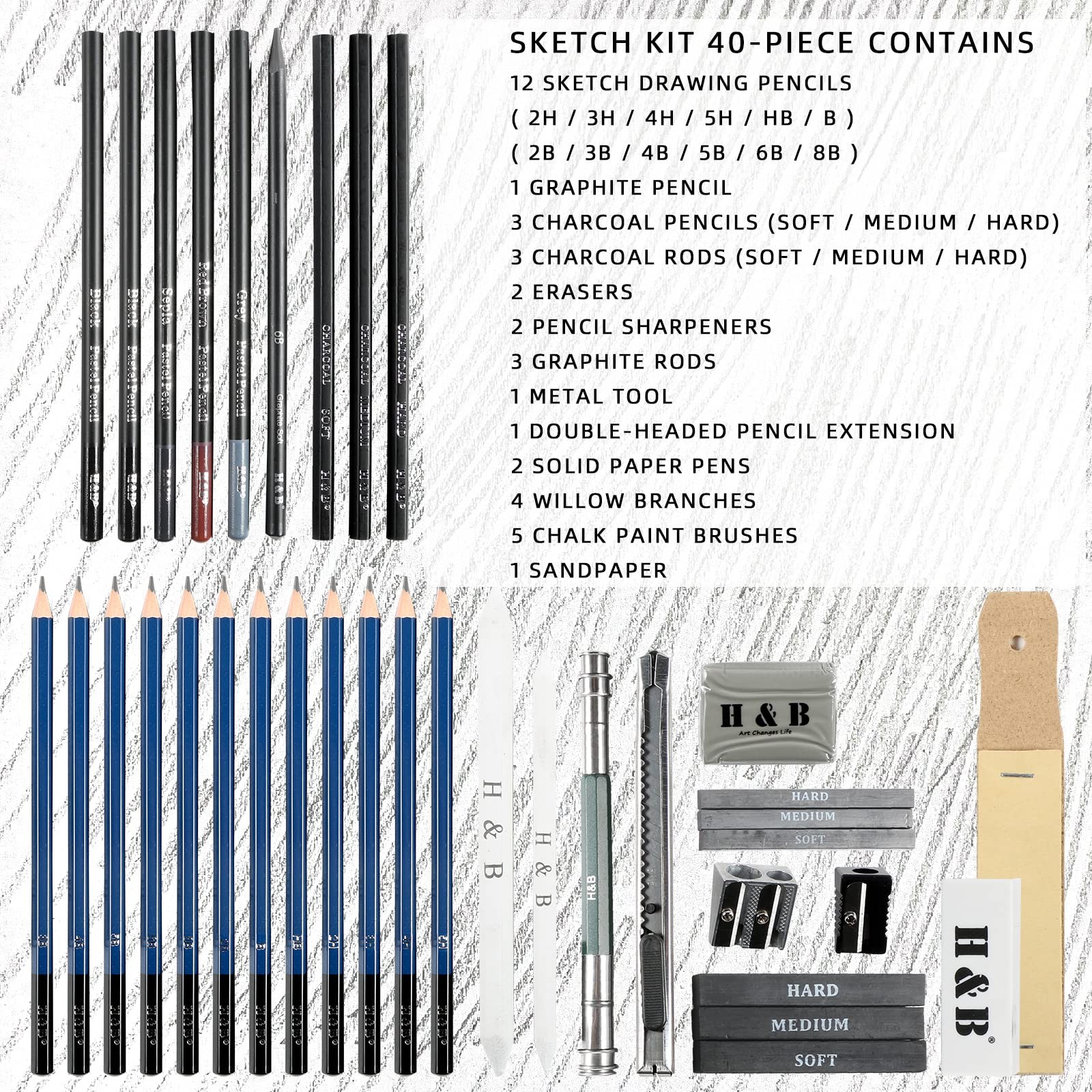 H & B 40 Piece Professional Sketch Pencil Drawing 40 Set, Grey
