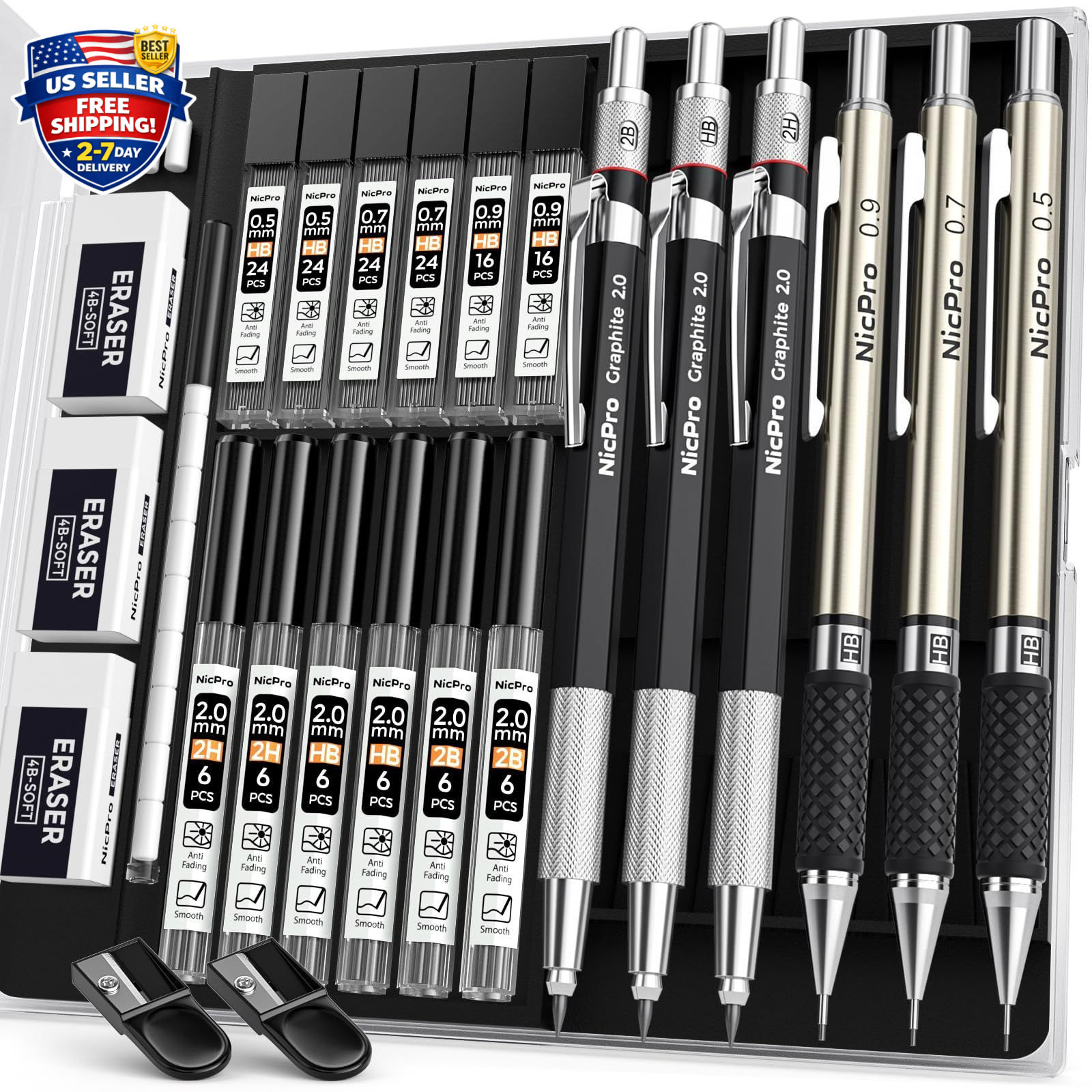 6PCS Art Mechanical Pencil Set, 3PCS Metal Drafting Pencil 0.5 mm & 0.7 mm & 0.9