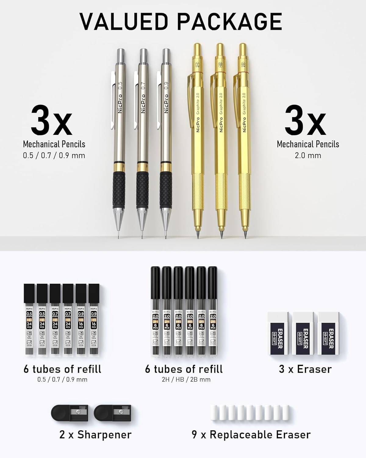 Professional Gold Art Pencil Set with 3 Hardness Levels – Ideal for All Ages
