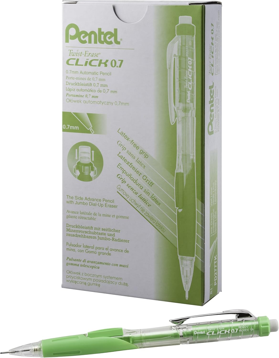 Twist-Erase CLICK Mechanical Pencil, (0.7Mm), CLEAR Barrel, Lime Green Grip, 12