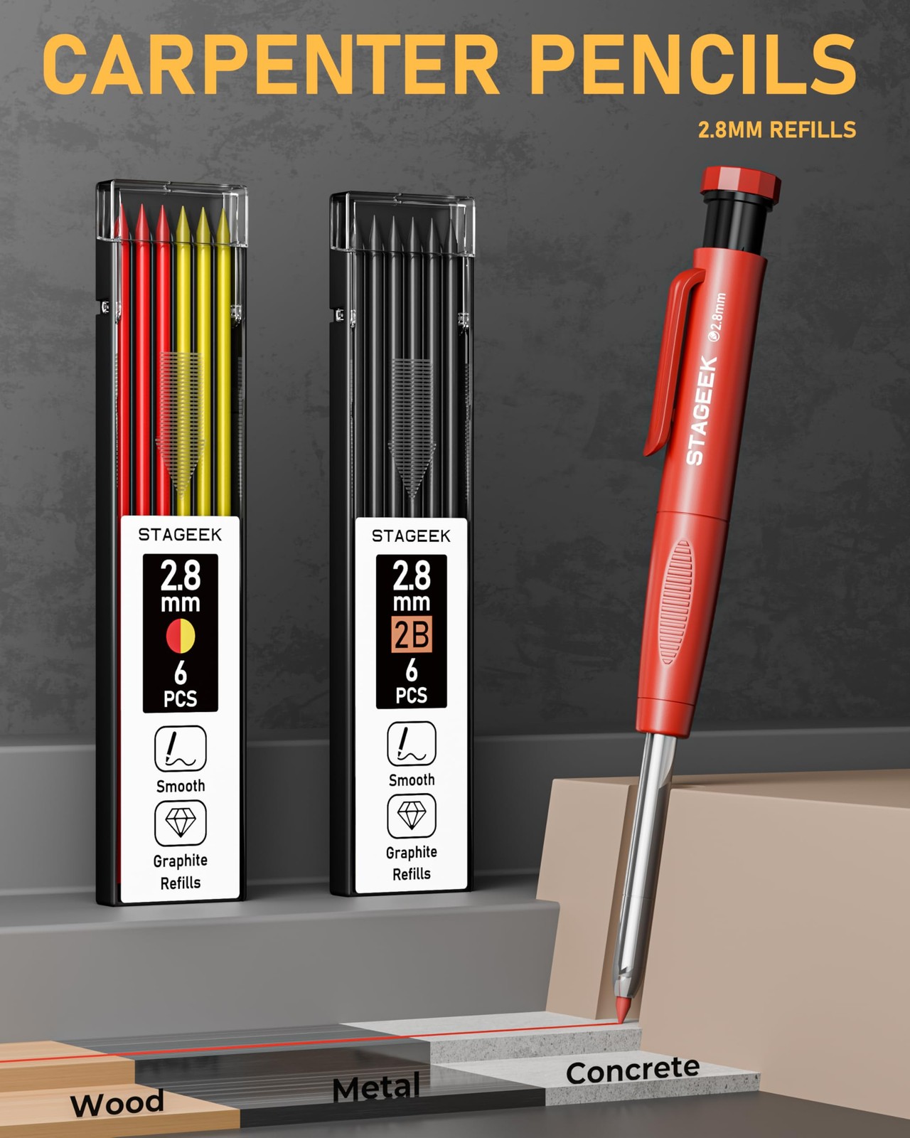 14 Pack Mechanical Carpenter Pencil Set with Sharpener 38 Red+Black(14pcs)