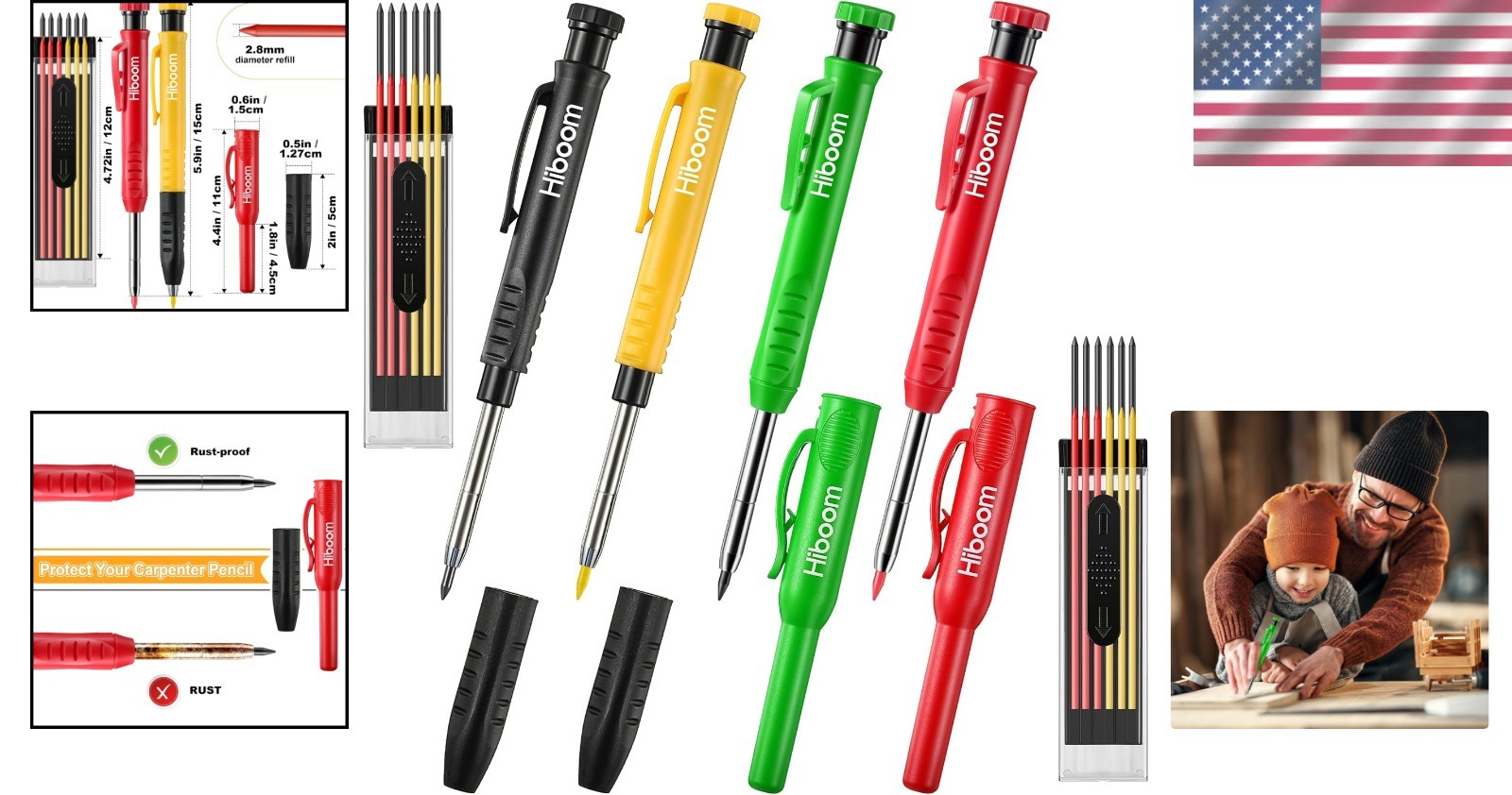 Hiboom 4 Pack Carpenter Pencils with Sharpener, Mechanical Pencil Colorful