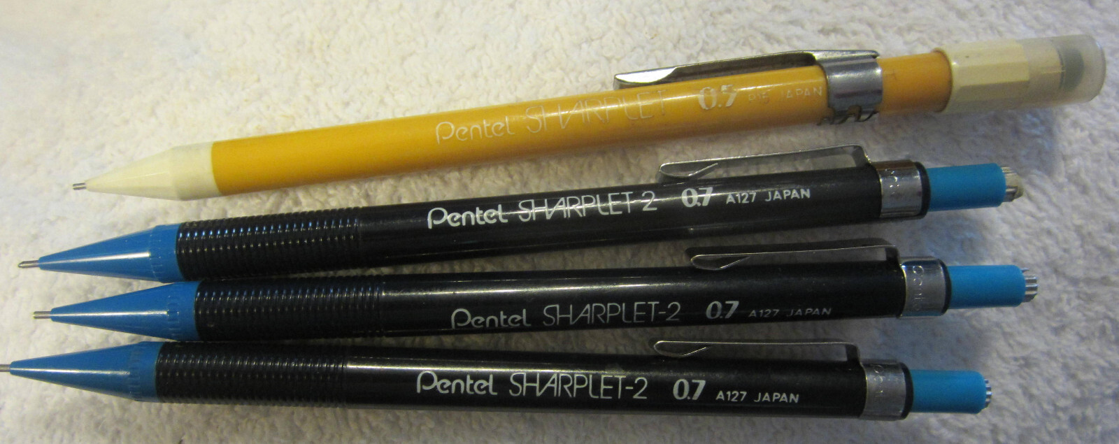 4 Pentel Mechanical Pencils 3 of A127~ 0.7,1 P15 yellow .5, lot,VTG