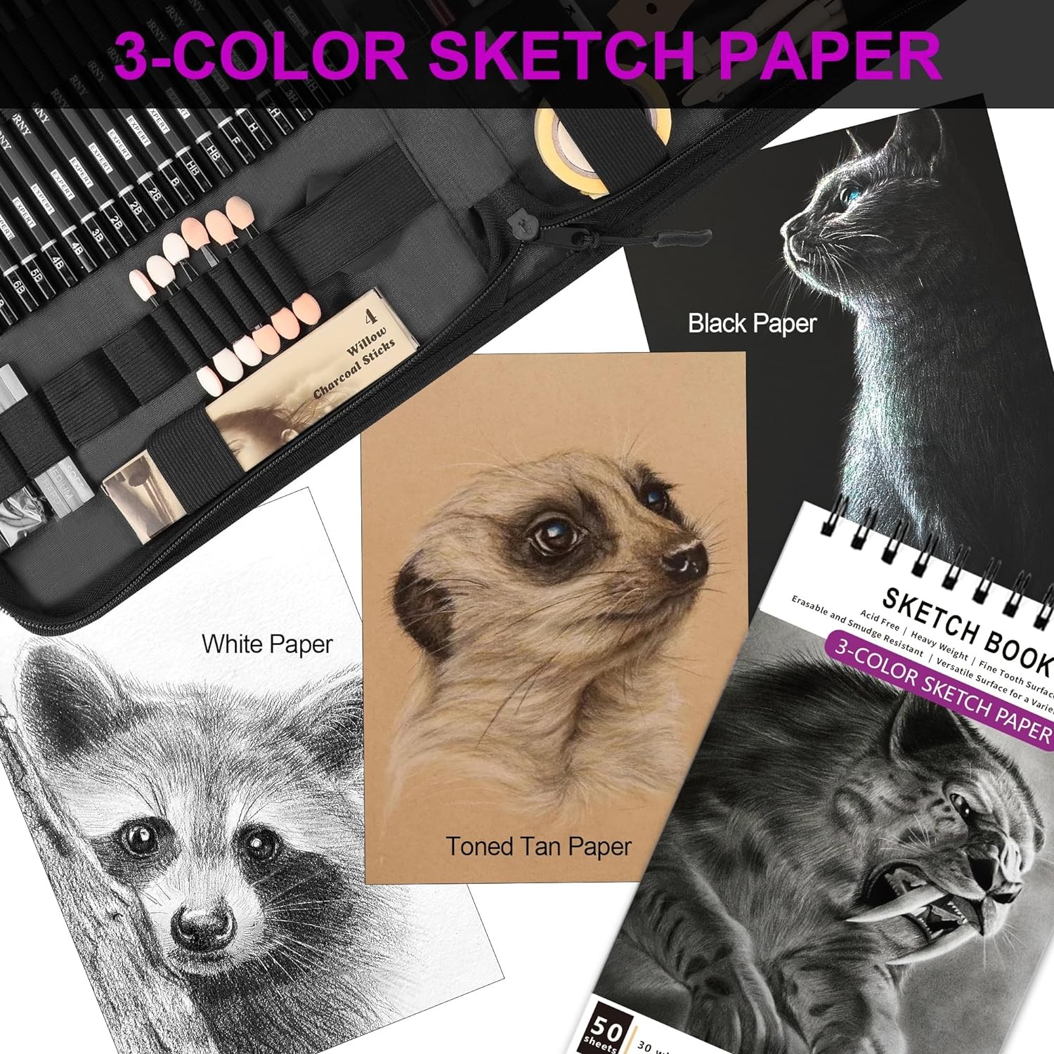 HIFORNY 70 Pcs Drawing Set Sketching Kit – Sketch Pencils Art Supplies Black