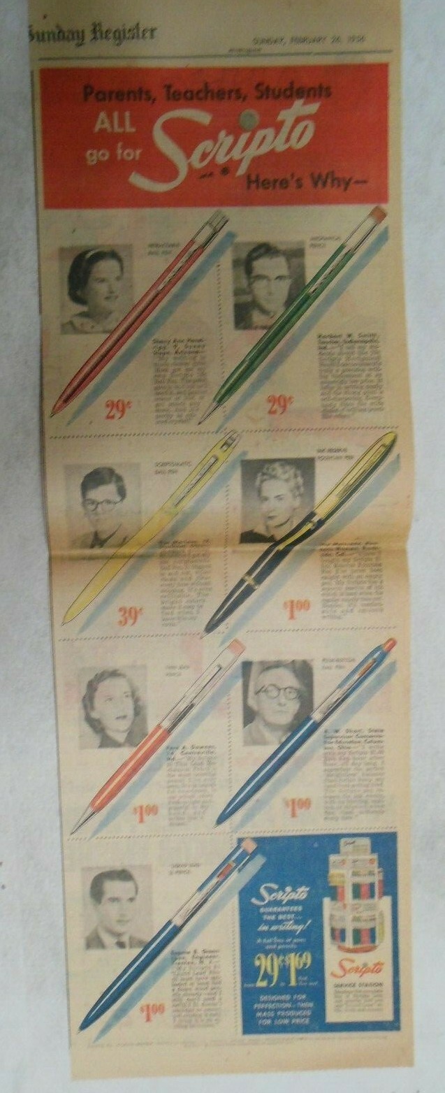 Scripto Pens & Pencils Ad: Parents,Teachers,Students! 1950’s 7.5 x 22 inches