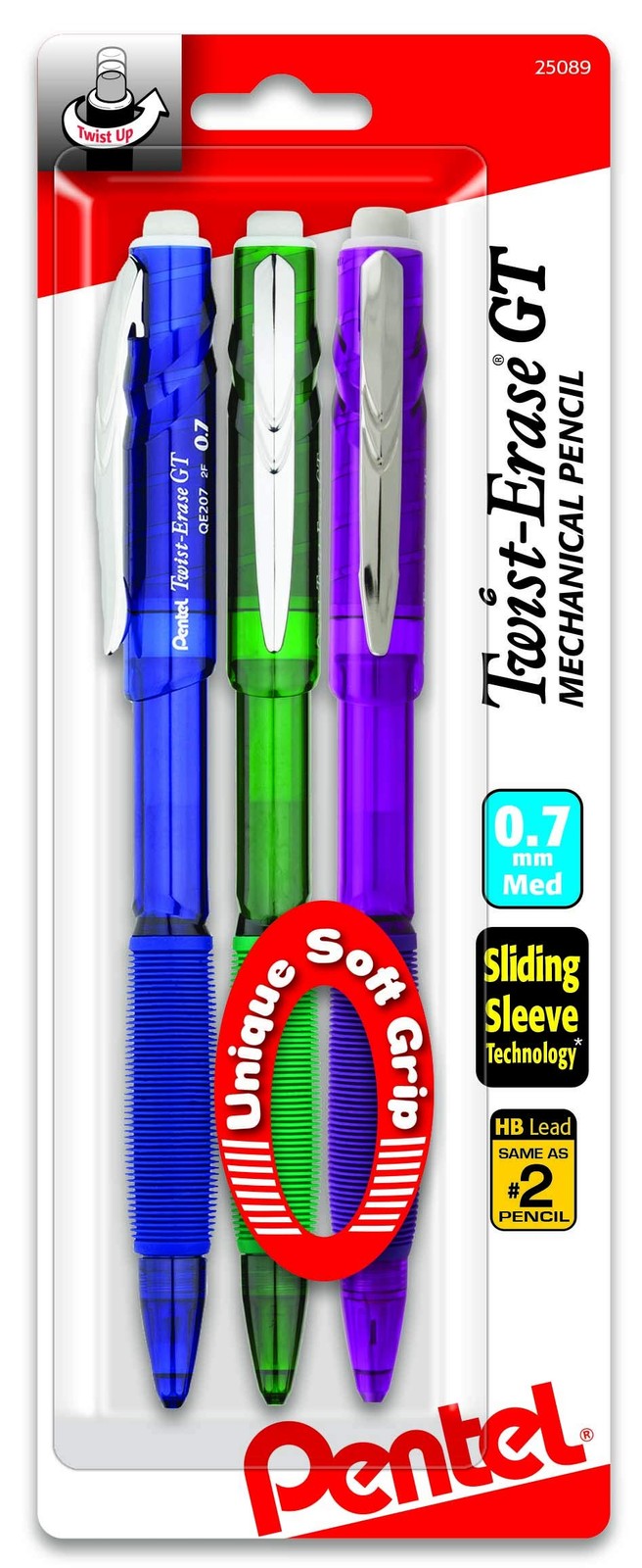 Pentel Twist-Erase GT (0.7mm) Mechanical Pencil, 3 Count (Pack of 1), Random