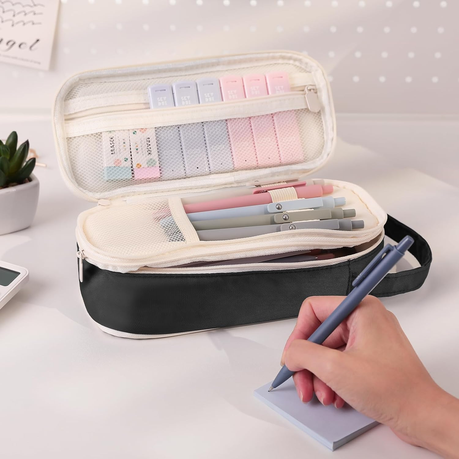 Cute School Supplies 38 PCS, Pencil Case with 12 Pastel Highlighters, 5 Black Ge