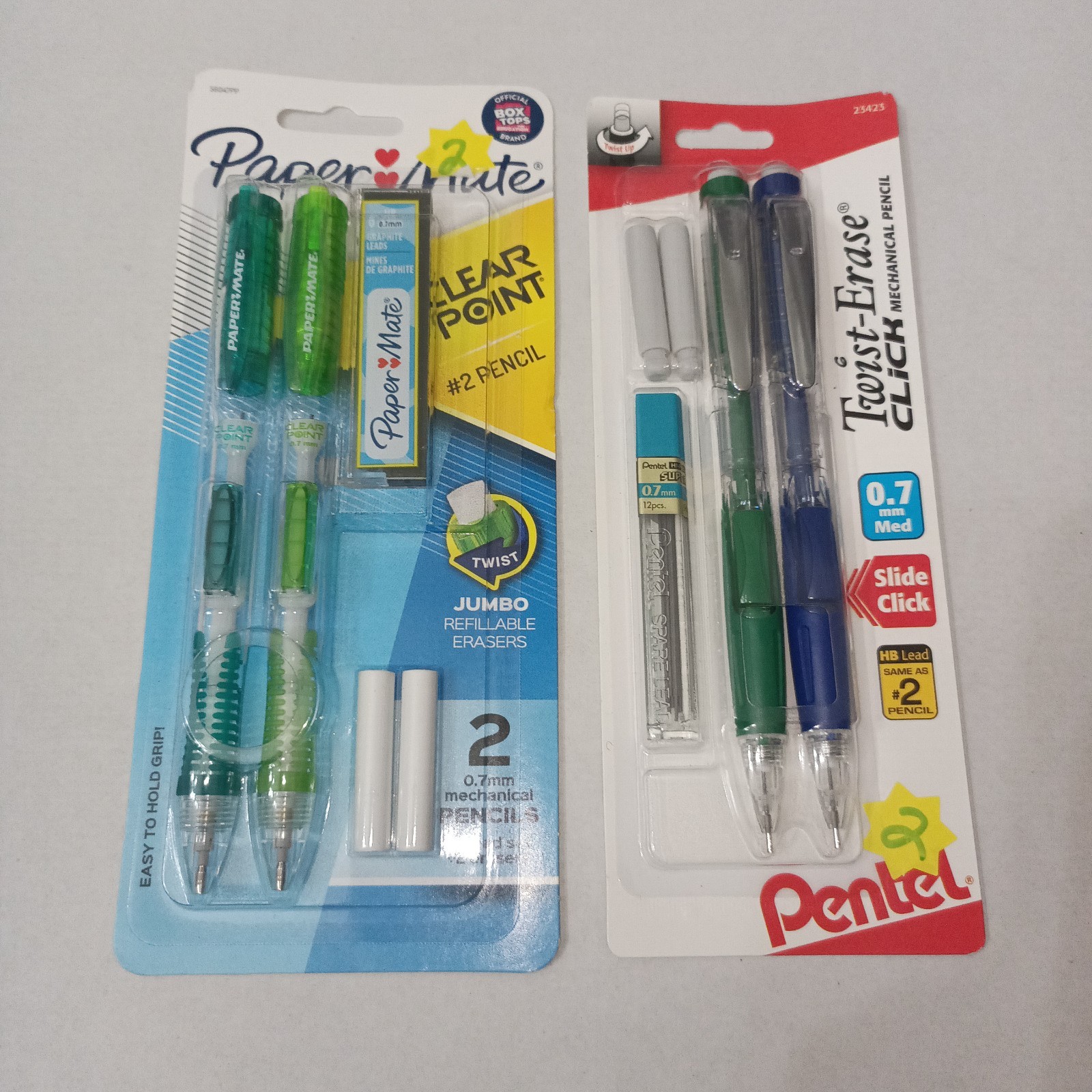 Lot Of 2 Pack Of 2 Mechanical Pencils Each With Erasers And Refills .7mm Pentel