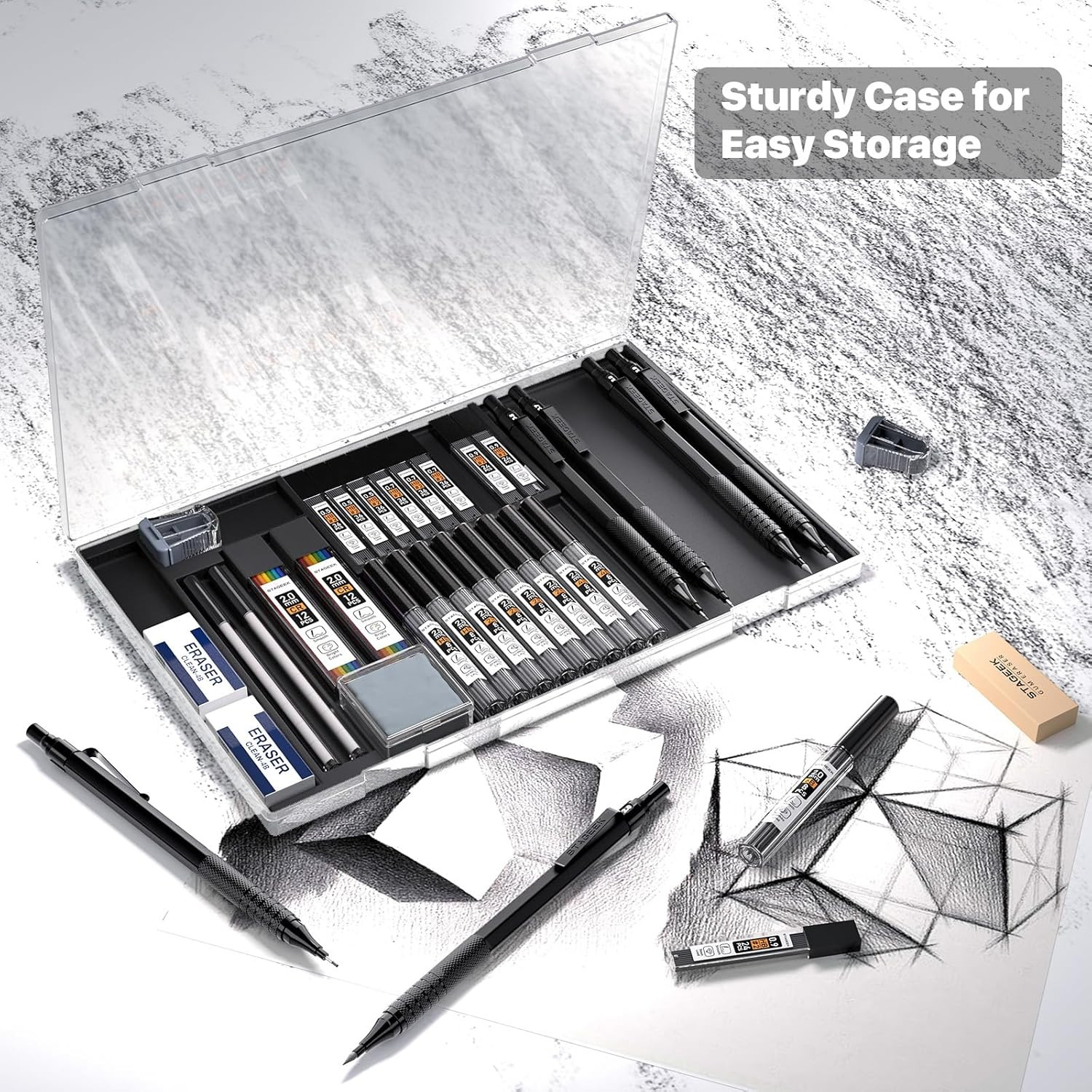 35Pcs Art Mechanical Pencil Set with Case, 0.5 0.7 0.9 2.0 Graphite Metal Drawin