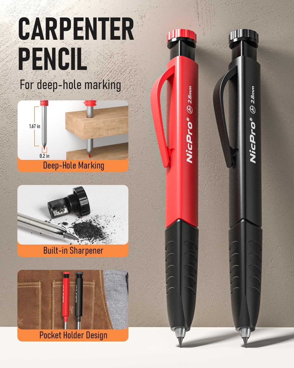 2 Pack Carpenter Pencil Set with Sharpener & Finger Grip, Mechanical Woodworking