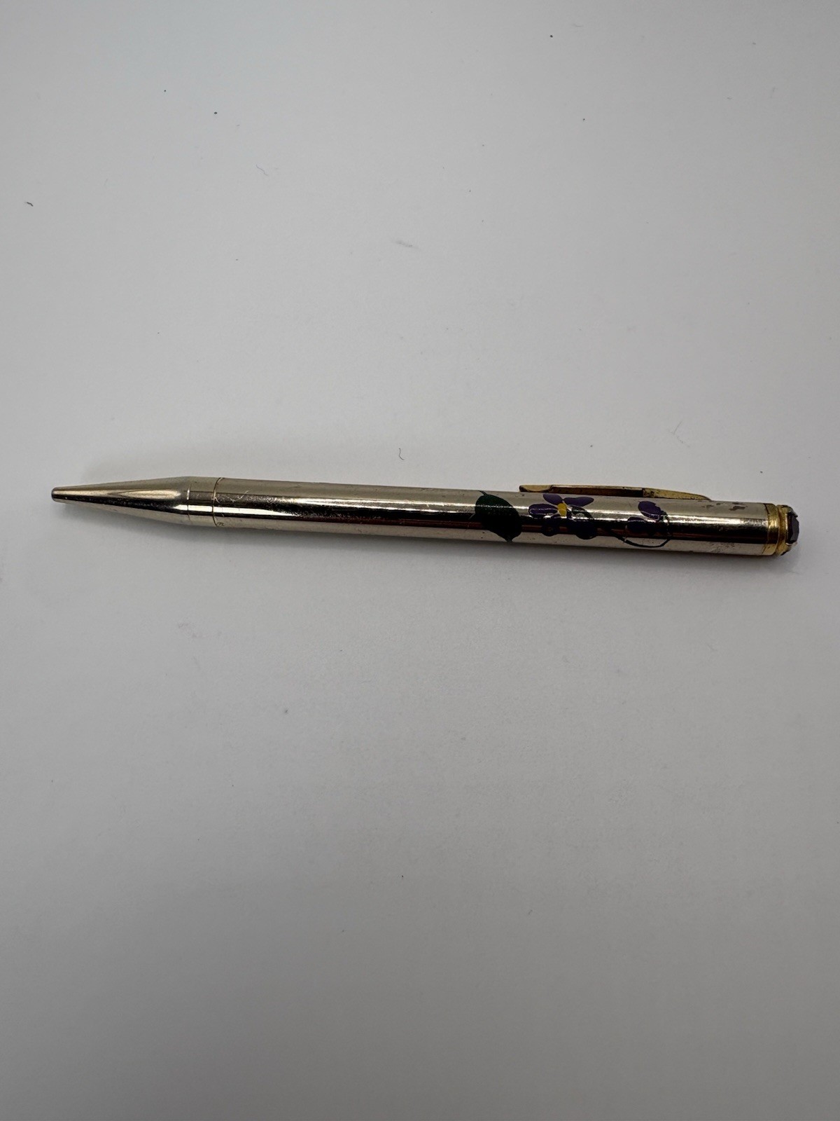 Vintage Mascot USA Mechanical Pencil Purple Gem Floral Hand Painted Works