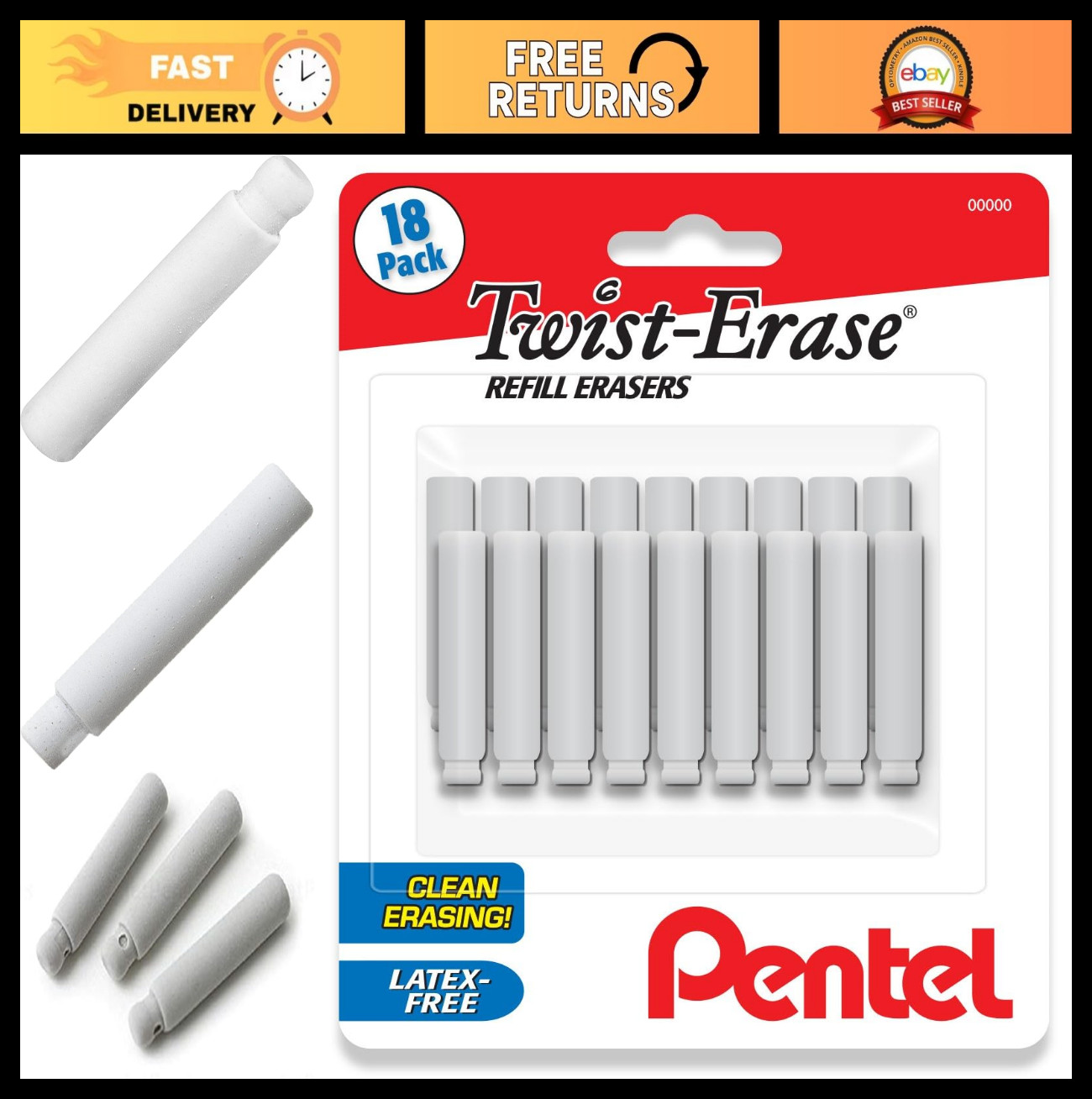 Twist Erase Refill Erasers – 18 Pack, Latex Free Refills for Mechanical Pencils