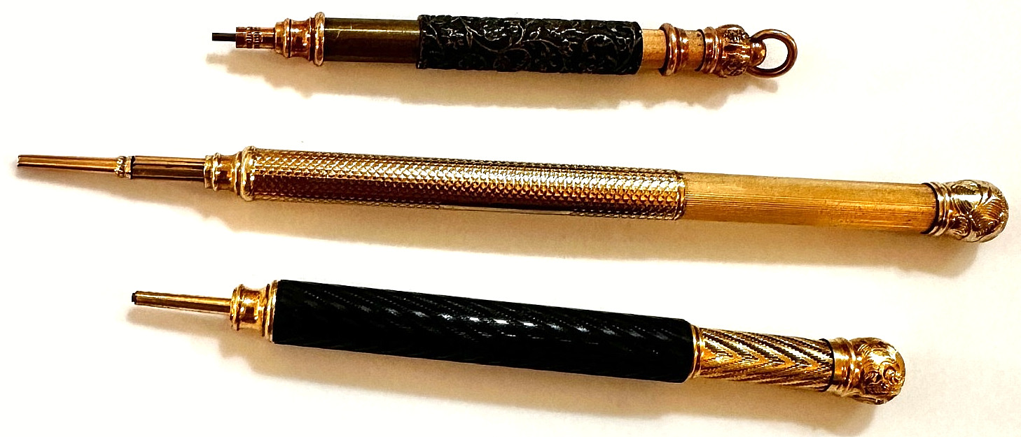 3 ANTIQUE VICTORIAN RETRACTABLE 2 MINI 9K GOLD & ONE GOLD FILL MACHANICAL PENCIL